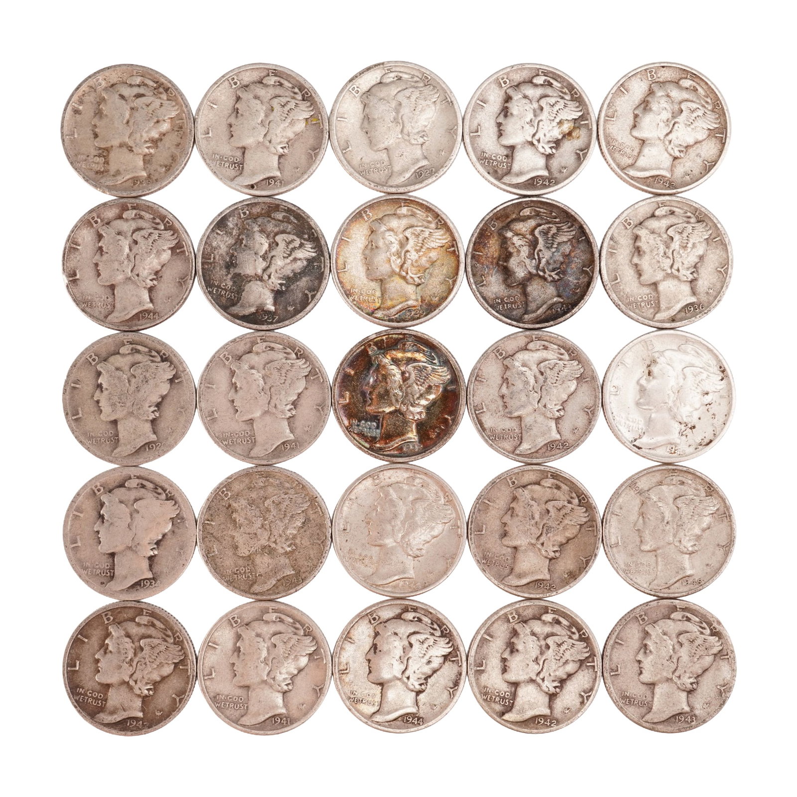Lot of 25 Loose Mercury 90% Silver Dimes, Circulated: Obverse designed with an allegory of Liberty wearing a winged Phrygian cap (freedom of thought) is surrounded with the word "LIBERTY" and accompanied with the motto: "IN GOD WE TRUST". Reverse fasces 