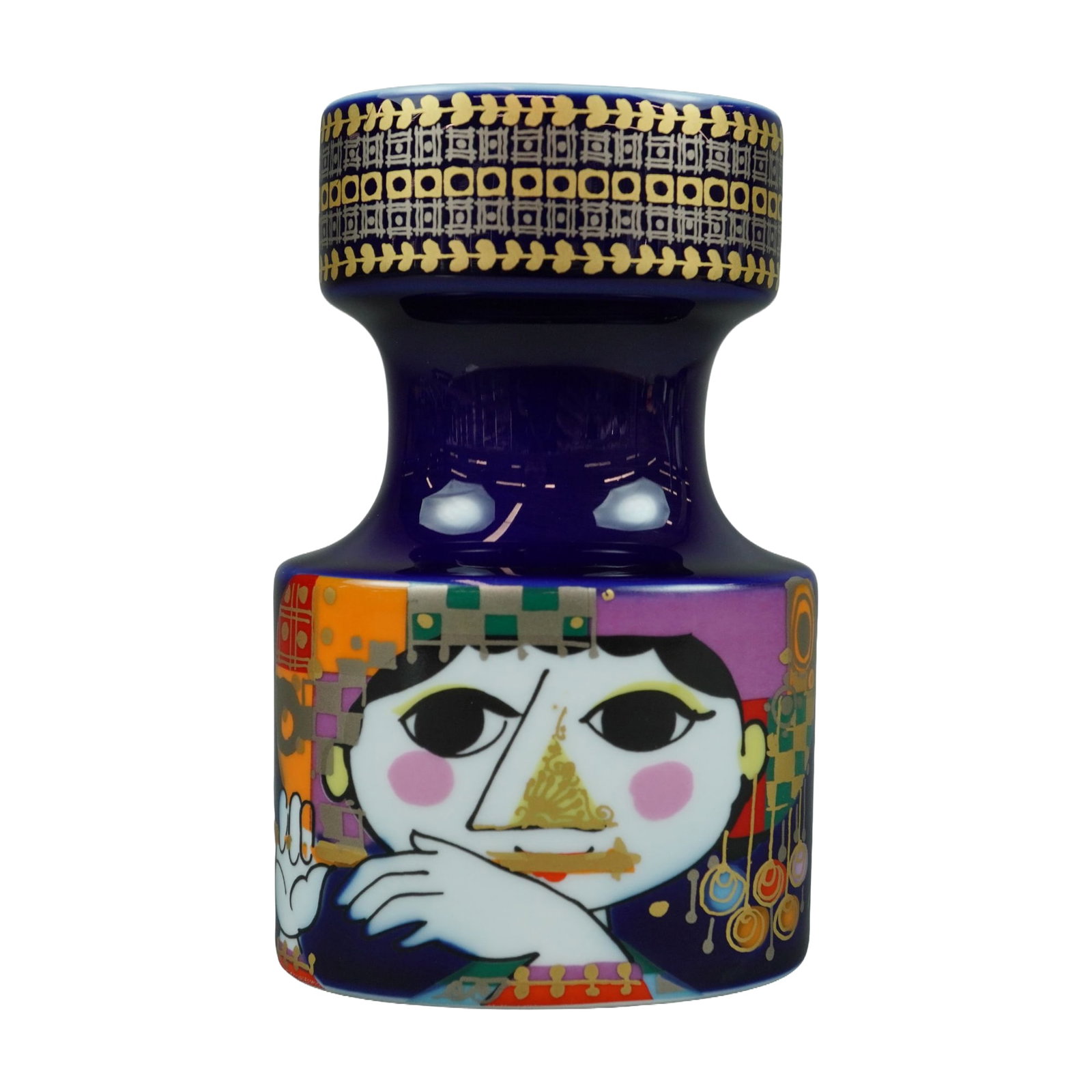 Rosenthal Bjorn Wiinblad Studio-Line Cobalt Blue Porcelain Candlestick Holder: A Rosenthal porcelain studio-line candlestick holder designed by Danish artist Bjorn Wiinblad. The object features a cylindrical base that transitions into a narrow neck and a wide, flat collar rim. I