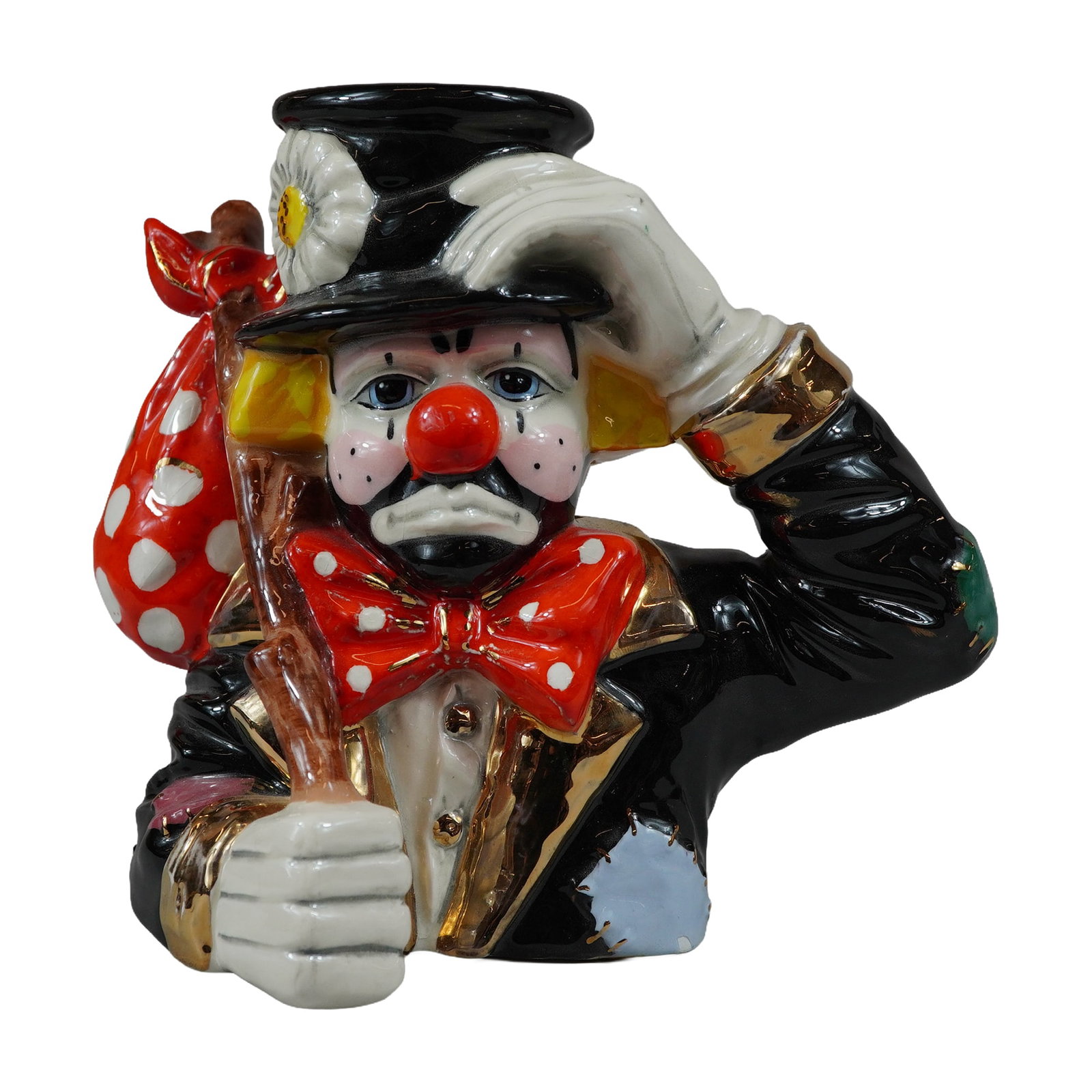 Ron Lee 1992 Glazed Ceramic Hobo Clown Vase: Ron Lee (American, 1947-2017). A glazed ceramic figural vessel or character vase depicting a hobo clown, dated 1992. The figure is modeled with a sad expression, wearing a tattered black jacket accent