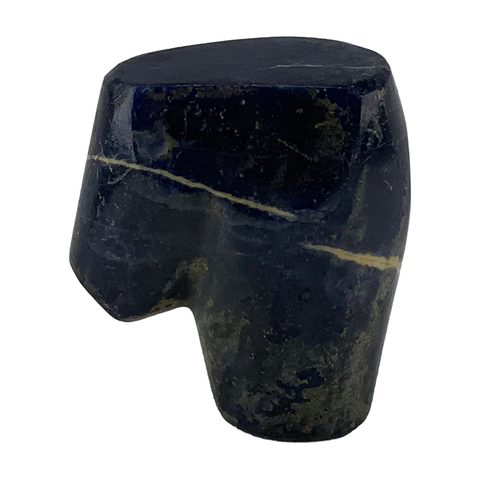 Carved Lapis Lazuli Freeform Figure: This carved lapis lazuli freeform stone exhibits the characteristic deep cobalt blue color associated with high-quality lapis lazuli, punctuated by horizontal bands of white calcite veining and scatte