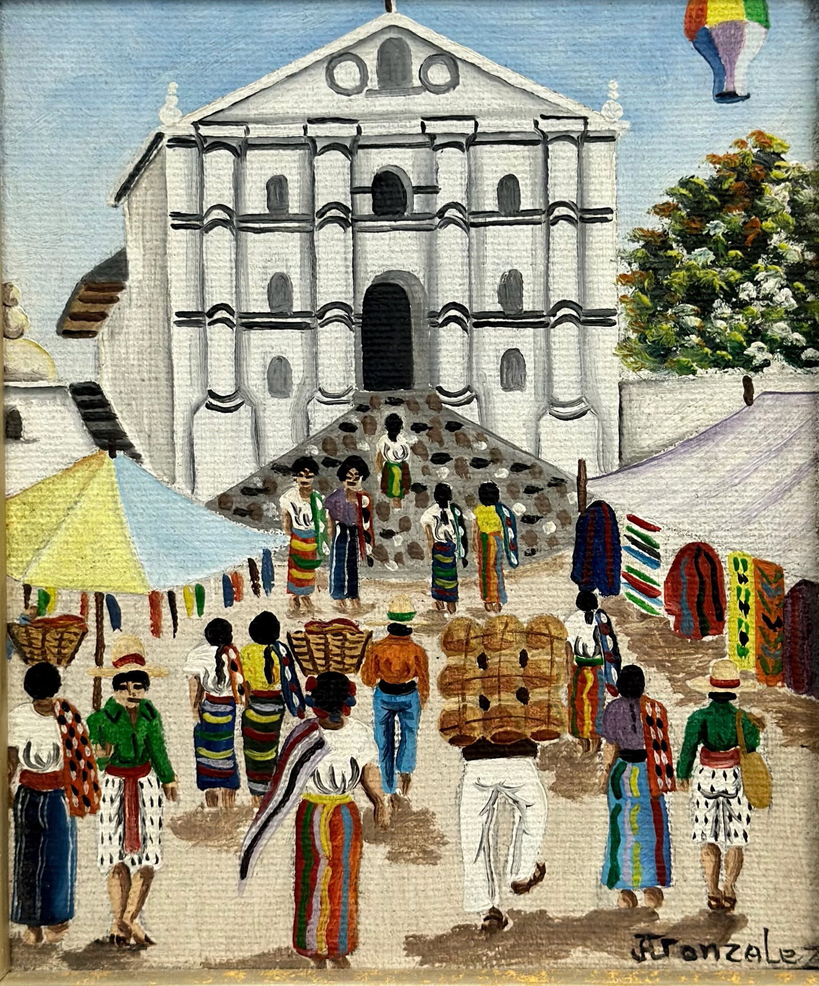 Jose Antonio Gonzalez Escobar (Guatemala, b. 1941), Market Scene Before a Church, Acrylic on Canvas: This original acrylic painting on canvas by Guatemalan artist Jose Antonio Gonzalez Escobar (b. 1941) depicts a bustling market scene set against the backdrop of a white colonial-style church, likely 