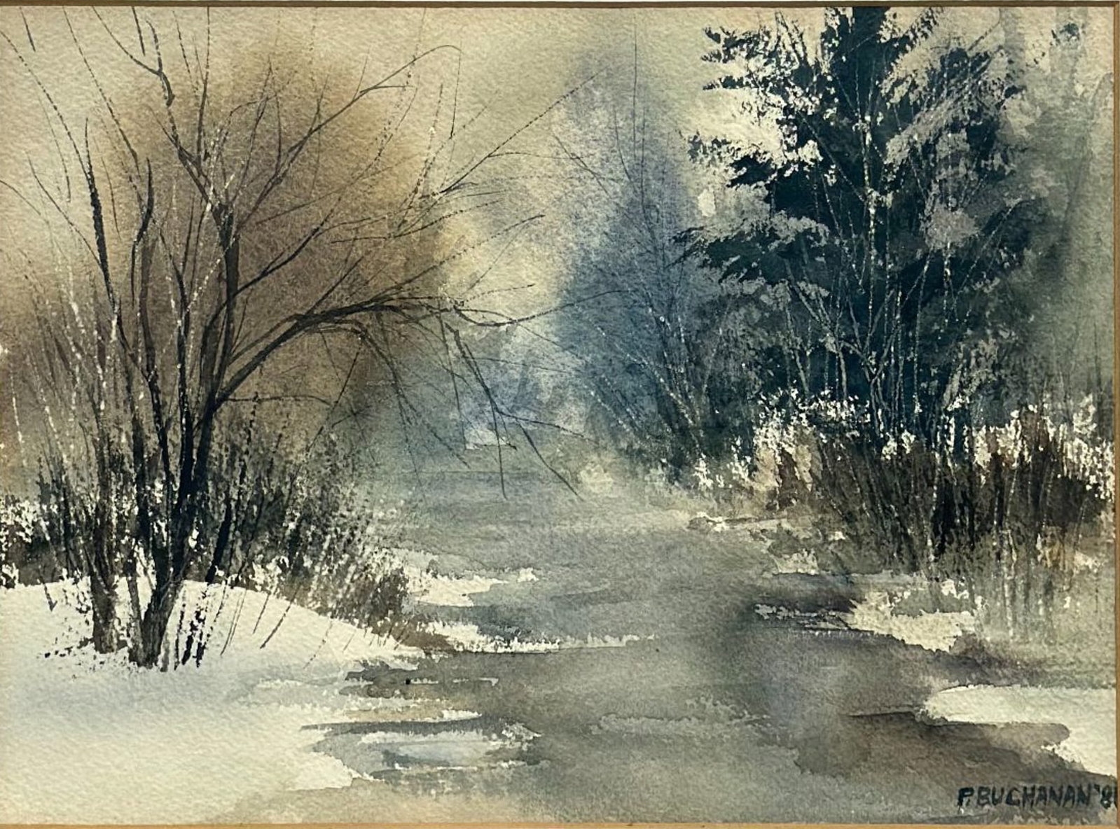 P. Buchanan (20th Century), Winter Stream Landscape, Original Watercolor Painting, 1981: This original watercolor painting on textured paper depicts an atmospheric winter landscape, featuring a winding stream set between snow-covered banks. The composition is flanked by bare deciduous tre