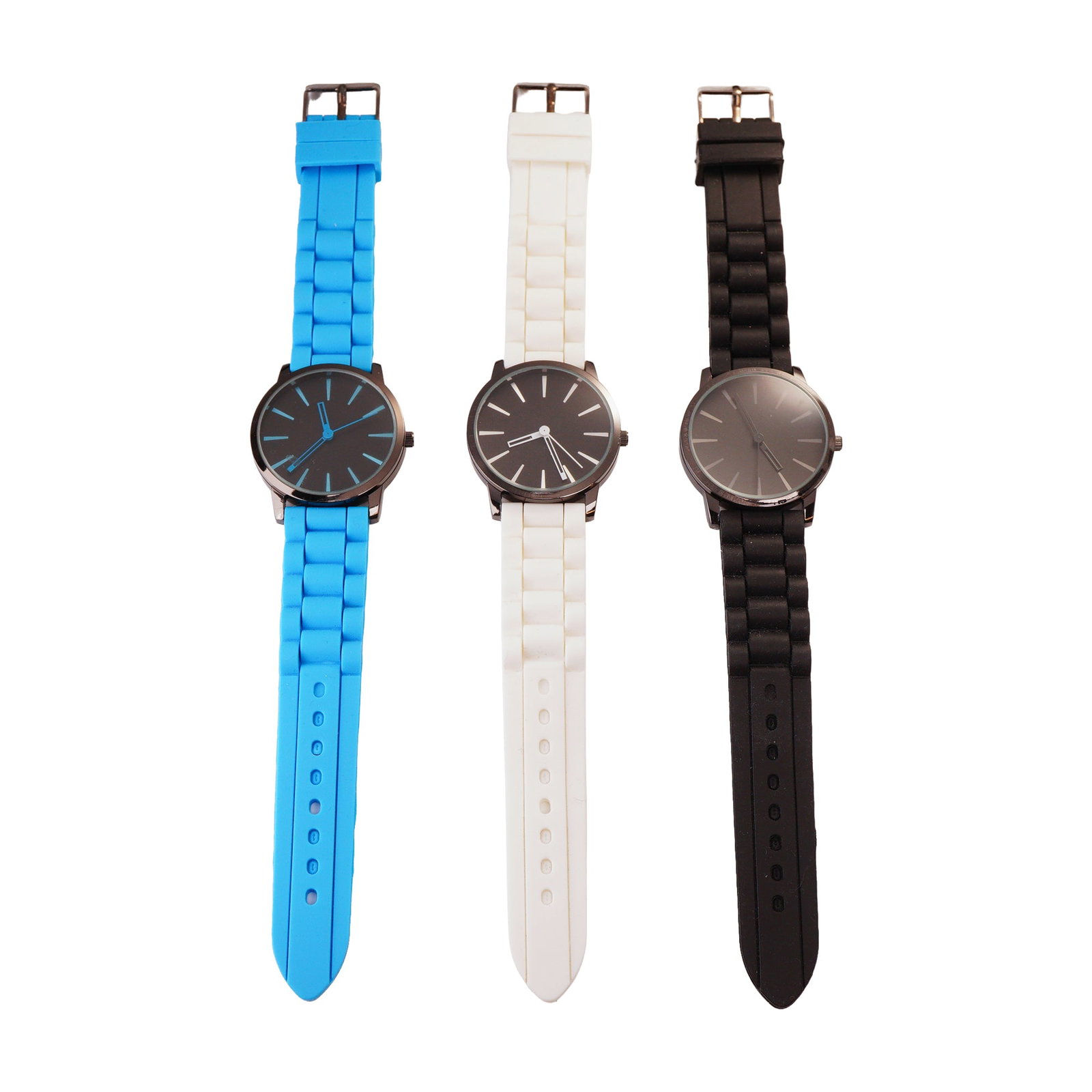 Three Contemporary Stainless Steel Quartz Wristwatches with Silicone Strap: This lot features three contemporary fashion wristwatches characterized by a minimalist aesthetic and textured silicone straps. Each timepiece is designed with a gunmetal-tone base metal case and a st