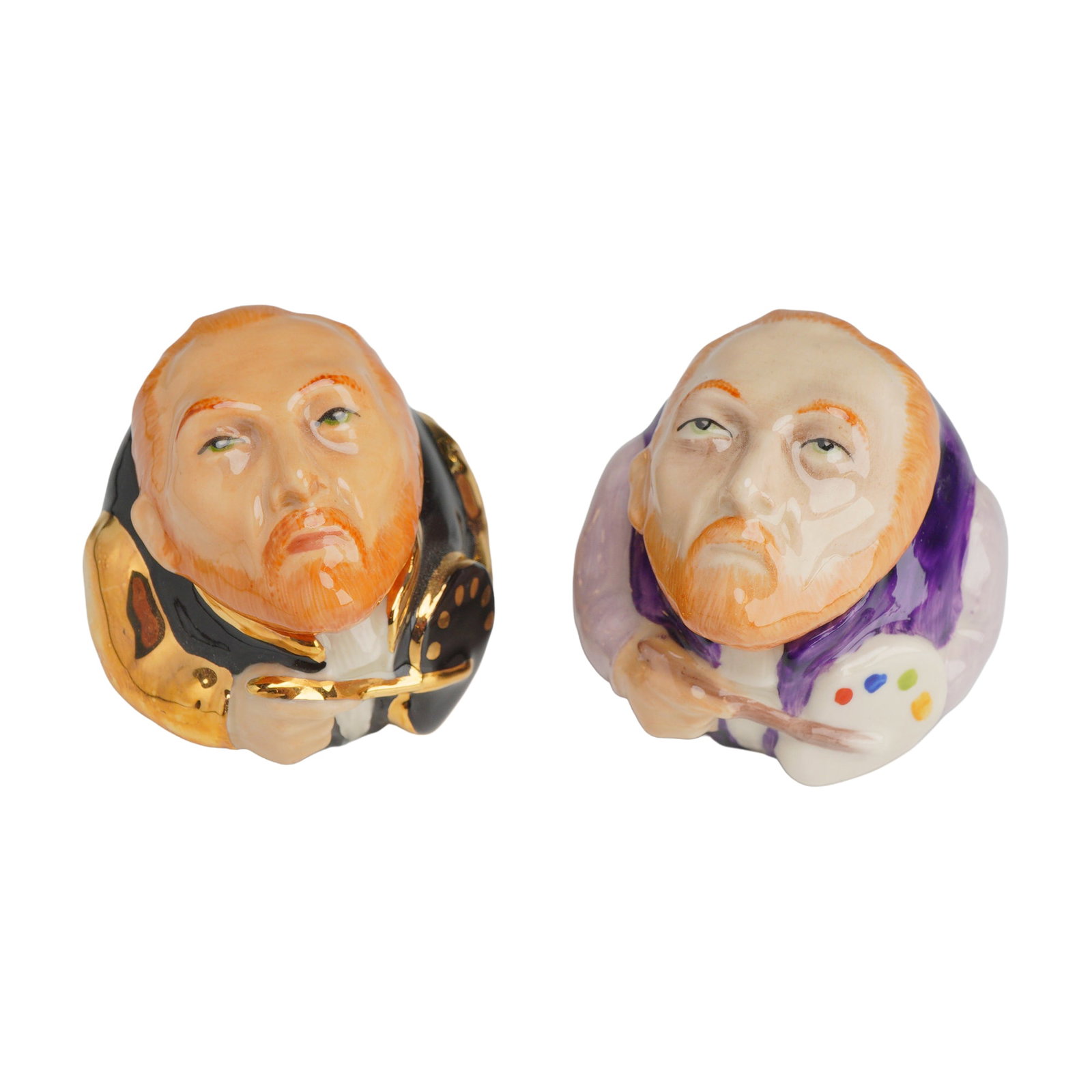 2pc Kevin Francis Face Pots, Including Signed Vincent van Gogh: This set includes 2pc Kevin Francis Face Pots, each modeled as a lidded ceramic bust of artist Vincent van Gogh. Produced as part of a series for the collectors' guild, these pots are crafted with han
