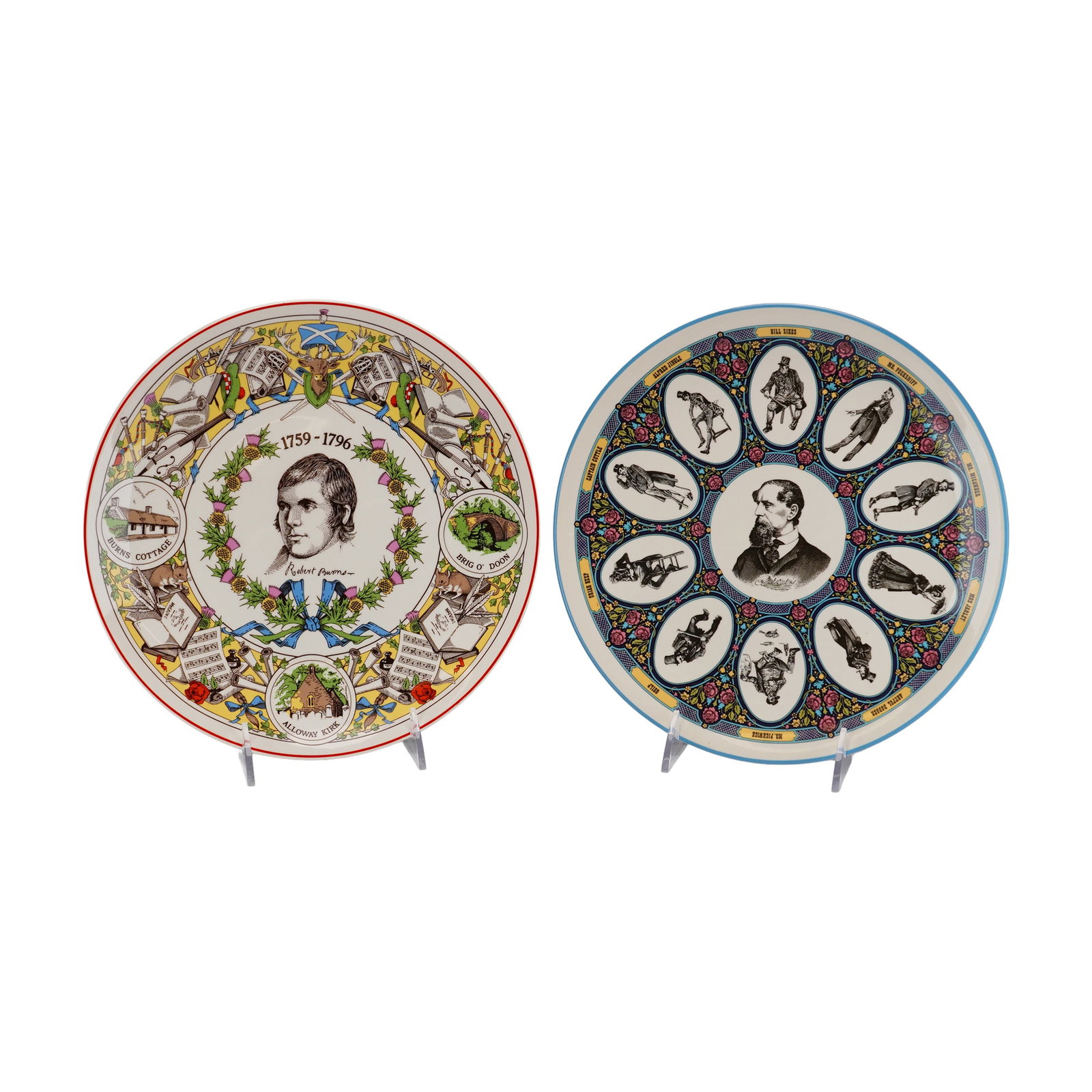 Pair of Wedgwood Commemorative Earthenware Plates, Robert Burns and Dickens Characters (1 of 4)