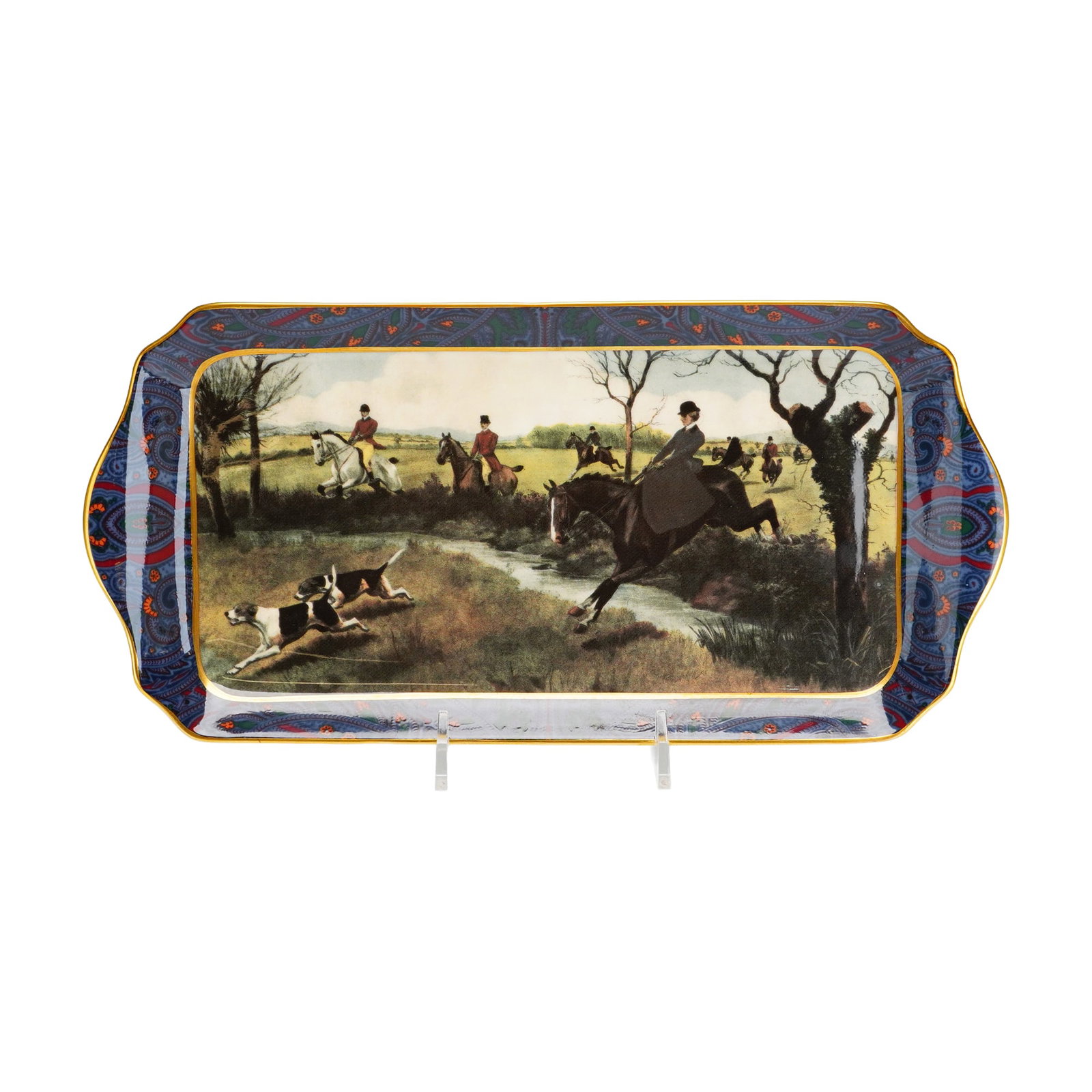 Wedgwood for Ralph Lauren Berkshire Hunt Pattern Bone China Sandwich Tray: This Wedgwood for Ralph Lauren bone china sandwich tray is decorated in the Berkshire Hunt pattern. The rectangular tray features integral handles at each end and a scalloped, gilded rim. The central 
