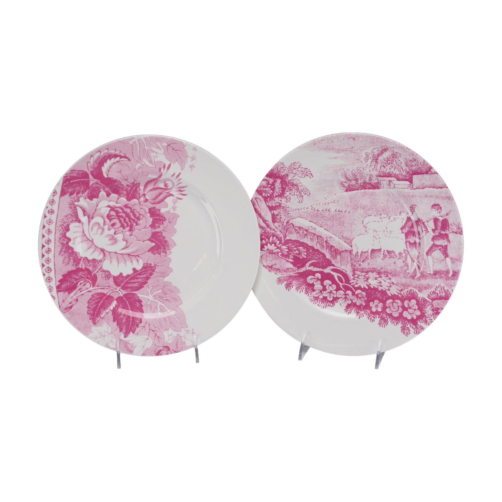 Pair of Wedgwood Robert Dawson After Landscape Bone China Plates: The designs are contemporary reinterpretations of traditional 19th-century transferware motifs, executed in a monochromatic magenta-pink palette. The first plate, identified as No. 3 Dog Rose, feature