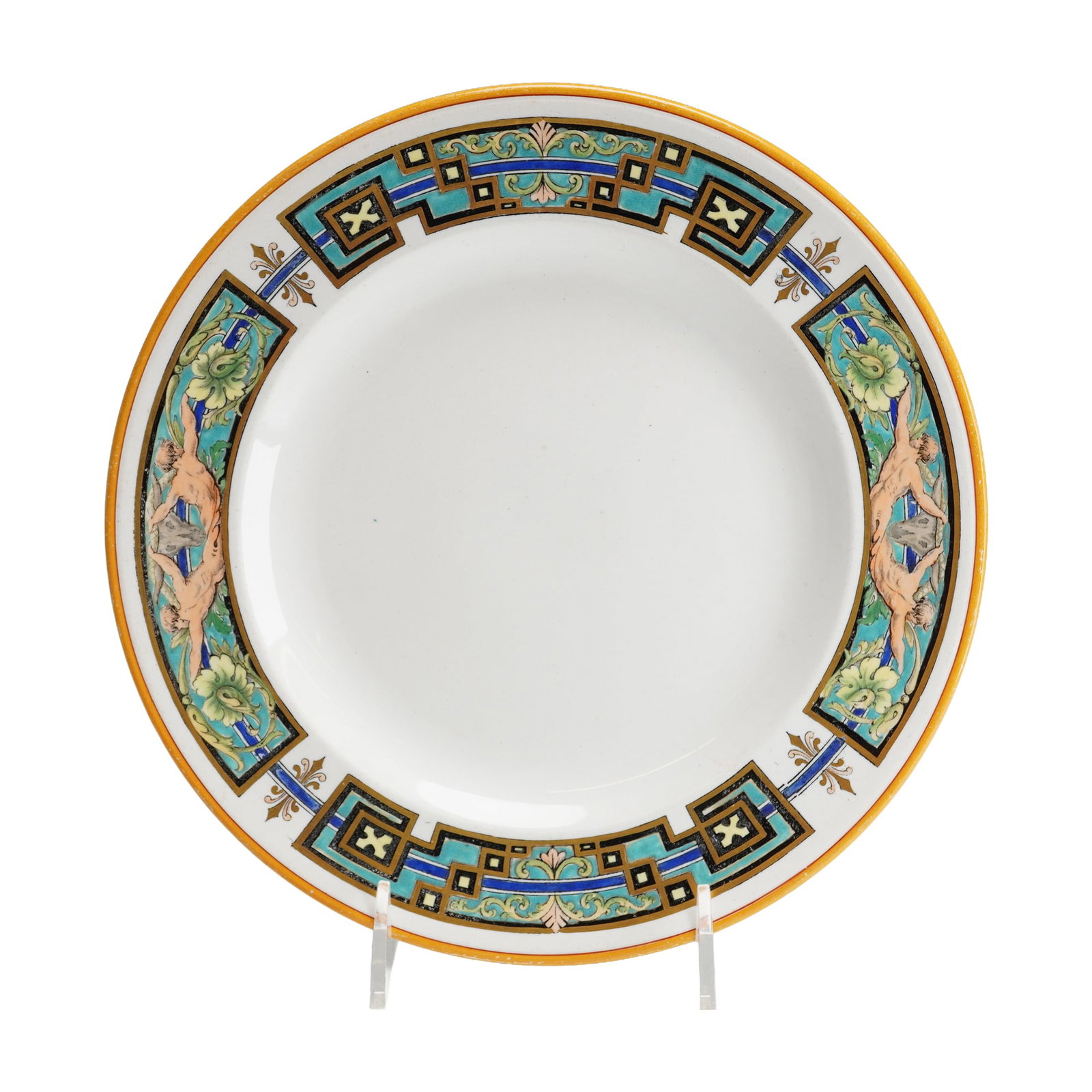 Wedgwood Pearlware Plate, Clarence: This dinner plate features a wide polychrome decorated rim framed by a bright yellow-gold outer band. The vibrant palette utilizes turquoise, cobalt blue, green, and black pigments. The complex border