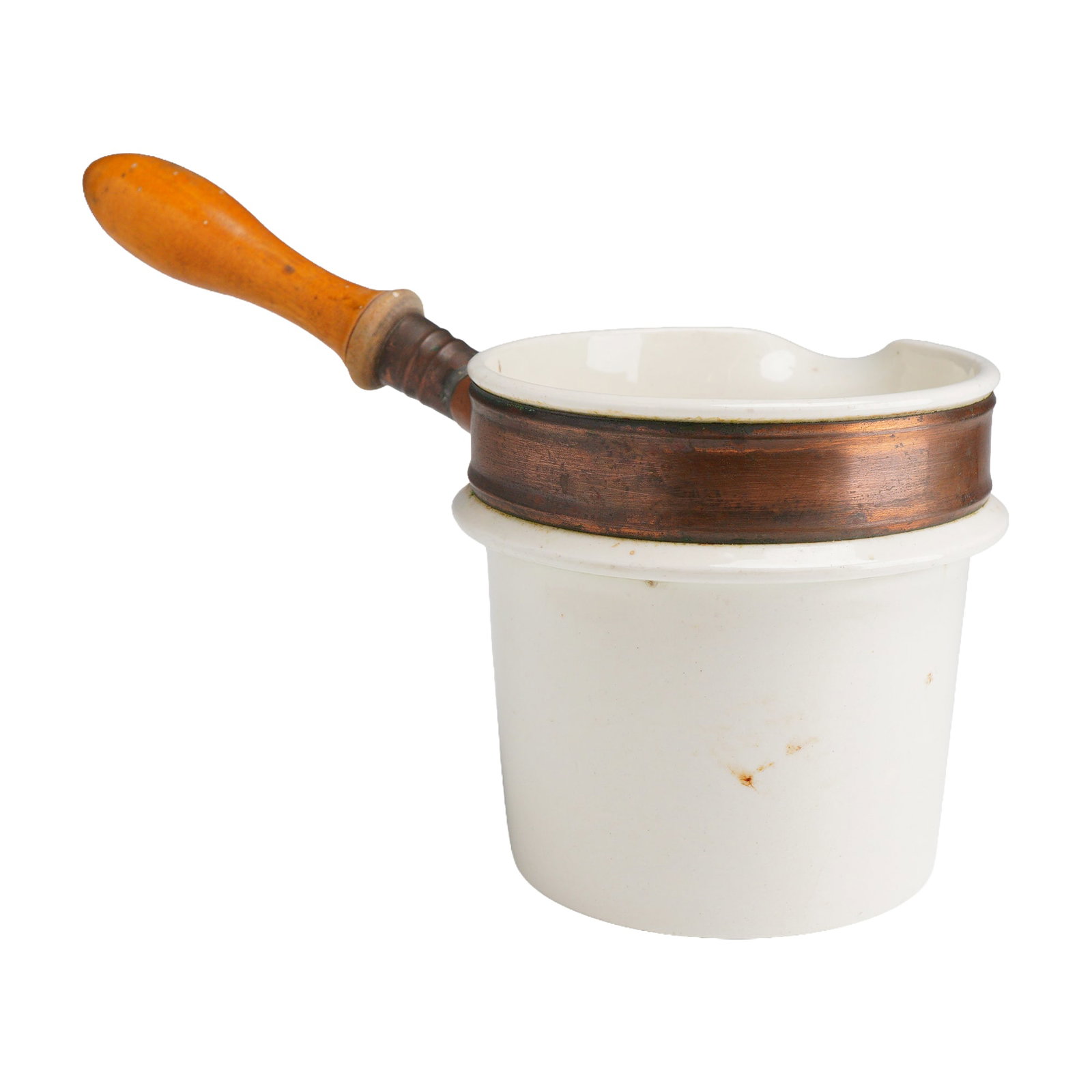 Wedgwood Antique Queensware Saucepan with Copper and Wood Fittings: This antique saucepan, likely intended as a double boiler insert or bain-marie, is constructed from a cream-colored earthenware body known as Queensware. The vessel features a cylindrical form with an