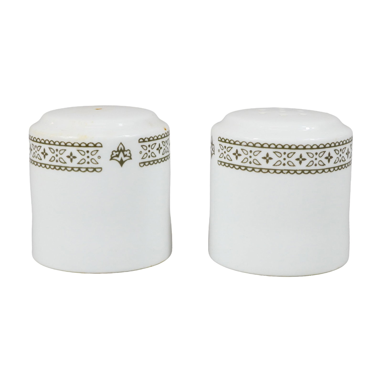 Pair of Wedgwood Hotelware Ceramic Salt and Pepper Shakers: A pair of white vitreous ceramic salt and pepper shakers from the Wedgwood Hotelware line. Each shaker has a cylindrical form with a slightly domed top featuring small perforations for dispensing. The