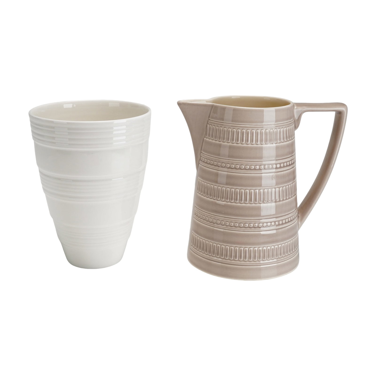 Two Jasper Conran for Wedgwood Ceramic Vessels: This lot features two contemporary ceramic pieces designed by Jasper Conran for Wedgwood. The first item is a white bone china beaker with a tall, tapering form and a flared rim. Its exterior is decor