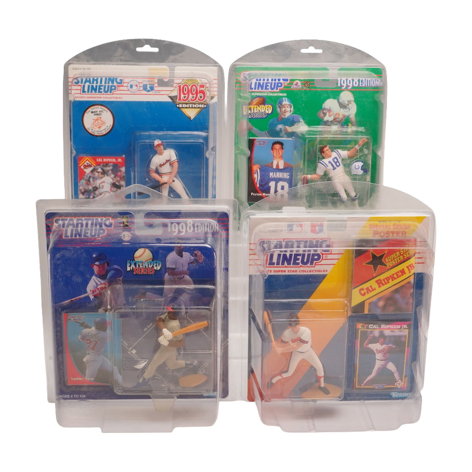 4pc Kenner Starting Lineup Sports Action Figures Including Cal Ripken Jr., Peyton Manning, and Sammy (1 of 3)