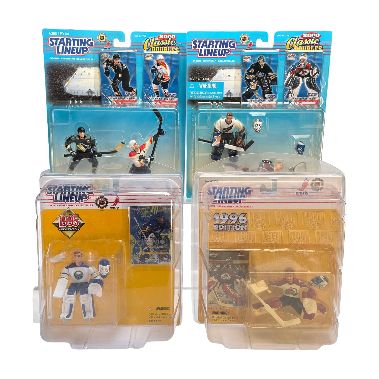 4pc Collection of NHL Starting Lineup Action Figures featuring Roy, Hasek, Jagr, and Bure (1 of 3)
