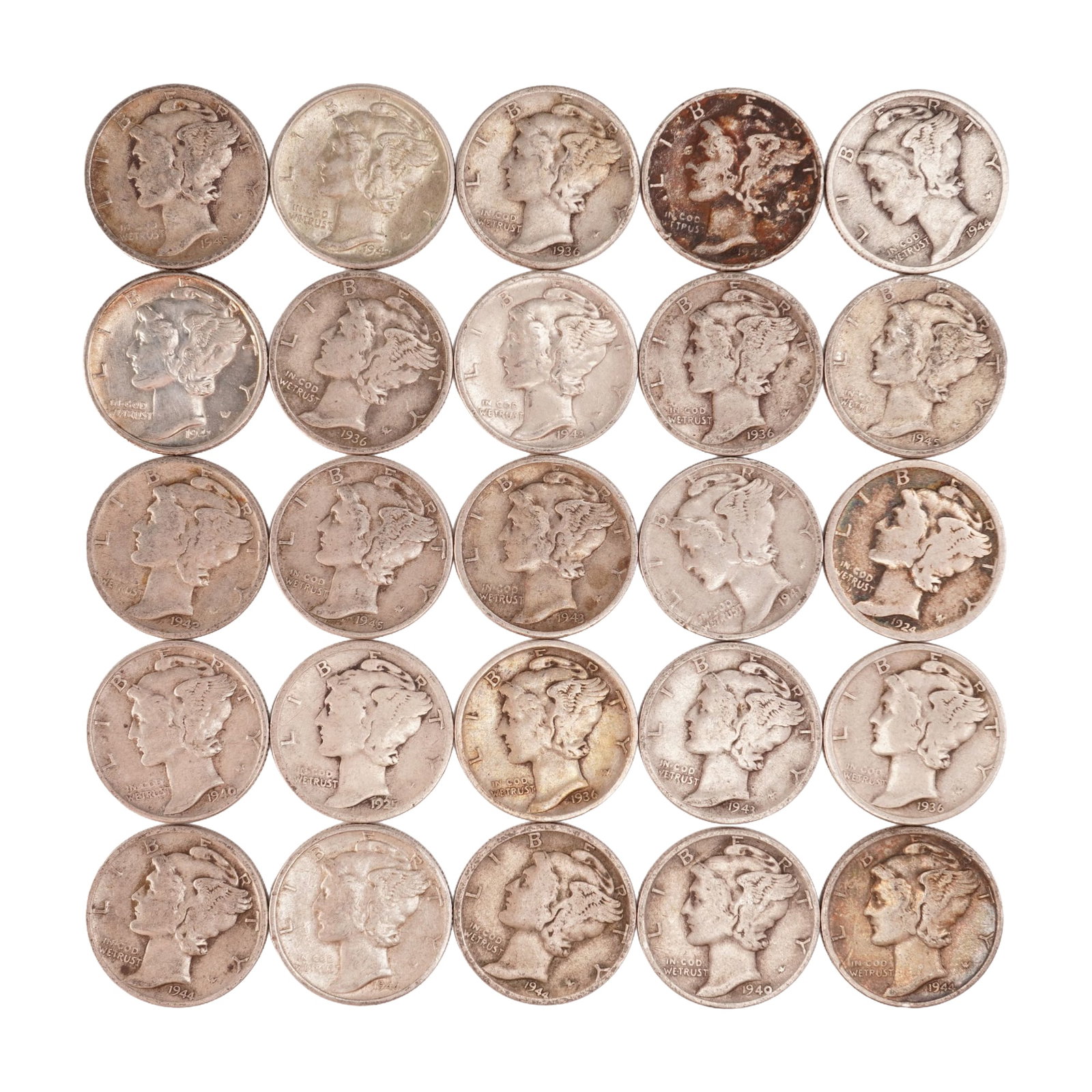 Lot of 25 Loose Mercury 90% Silver Dimes, Circulated: Obverse designed with an allegory of Liberty wearing a winged Phrygian cap (freedom of thought) is surrounded with the word "LIBERTY" and accompanied with the motto: "IN GOD WE TRUST". Reverse fasces 