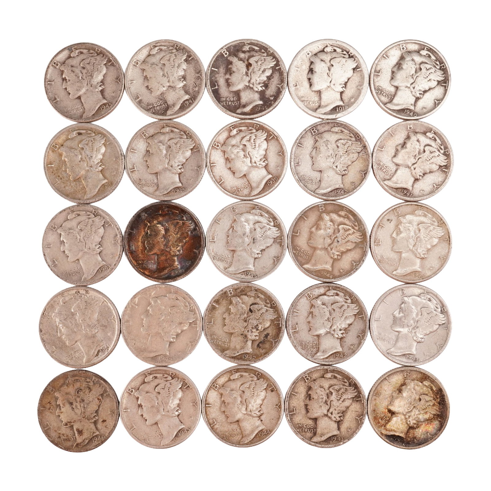 Lot of 25 Loose Mercury 90% Silver Dimes, Circulated: Obverse designed with an allegory of Liberty wearing a winged Phrygian cap (freedom of thought) is surrounded with the word "LIBERTY" and accompanied with the motto: "IN GOD WE TRUST". Reverse fasces 