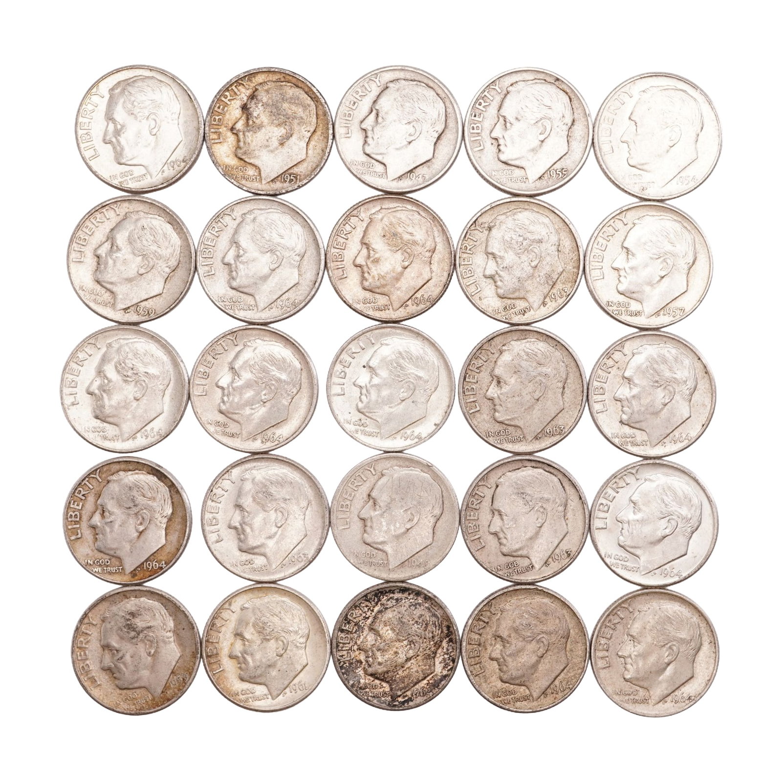 Lot of 25 Loose Roosevelt 90% Silver Dimes, Circulated: Obverse portrait in left profile of Franklin D. Roosevelt, the 32nd President of the United States from 1933 to his death in 1945, is accompanied with the motto: "IN GOD WE TRUST" and surrounded with 