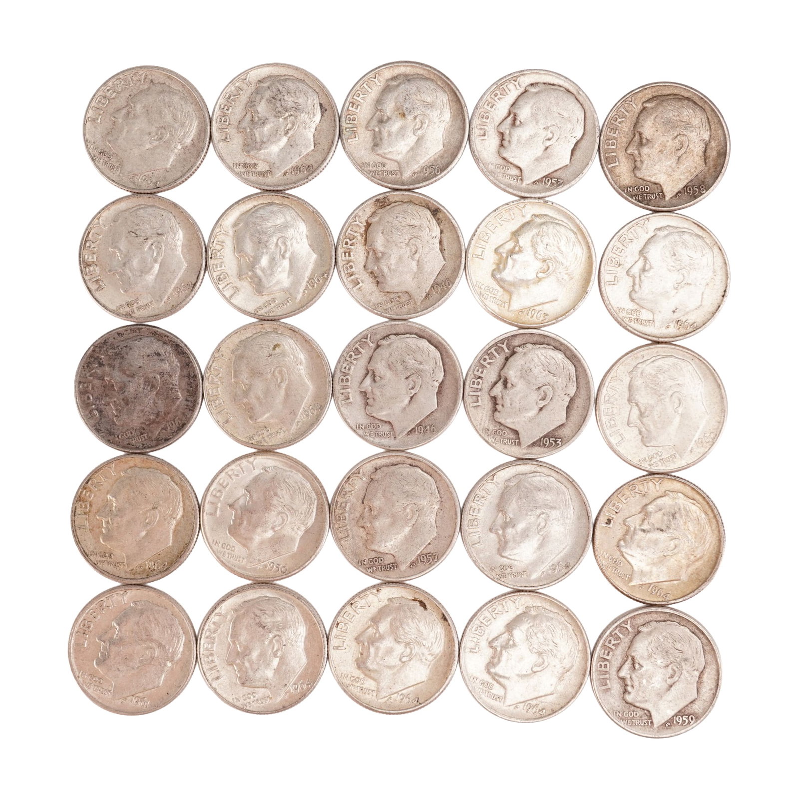 Lot of 25 Loose Roosevelt 90% Silver Dimes, Circulated: Obverse portrait in left profile of Franklin D. Roosevelt, the 32nd President of the United States from 1933 to his death in 1945, is accompanied with the motto: "IN GOD WE TRUST" and surrounded with 