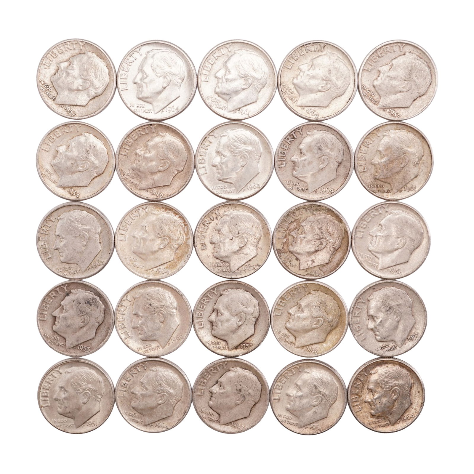 Lot of 25 Loose Roosevelt 90% Silver Dimes, Circulated: Obverse portrait in left profile of Franklin D. Roosevelt, the 32nd President of the United States from 1933 to his death in 1945, is accompanied with the motto: "IN GOD WE TRUST" and surrounded with 