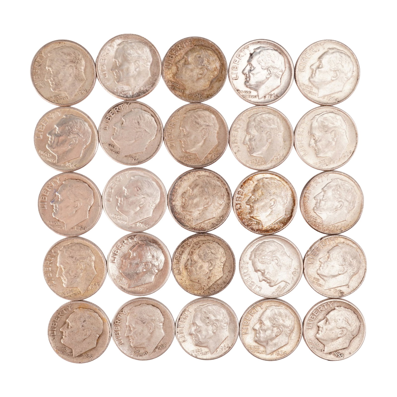 Lot of 25 Loose Roosevelt 90% Silver Dimes, Circulated: Obverse portrait in left profile of Franklin D. Roosevelt, the 32nd President of the United States from 1933 to his death in 1945, is accompanied with the motto: "IN GOD WE TRUST" and surrounded with 