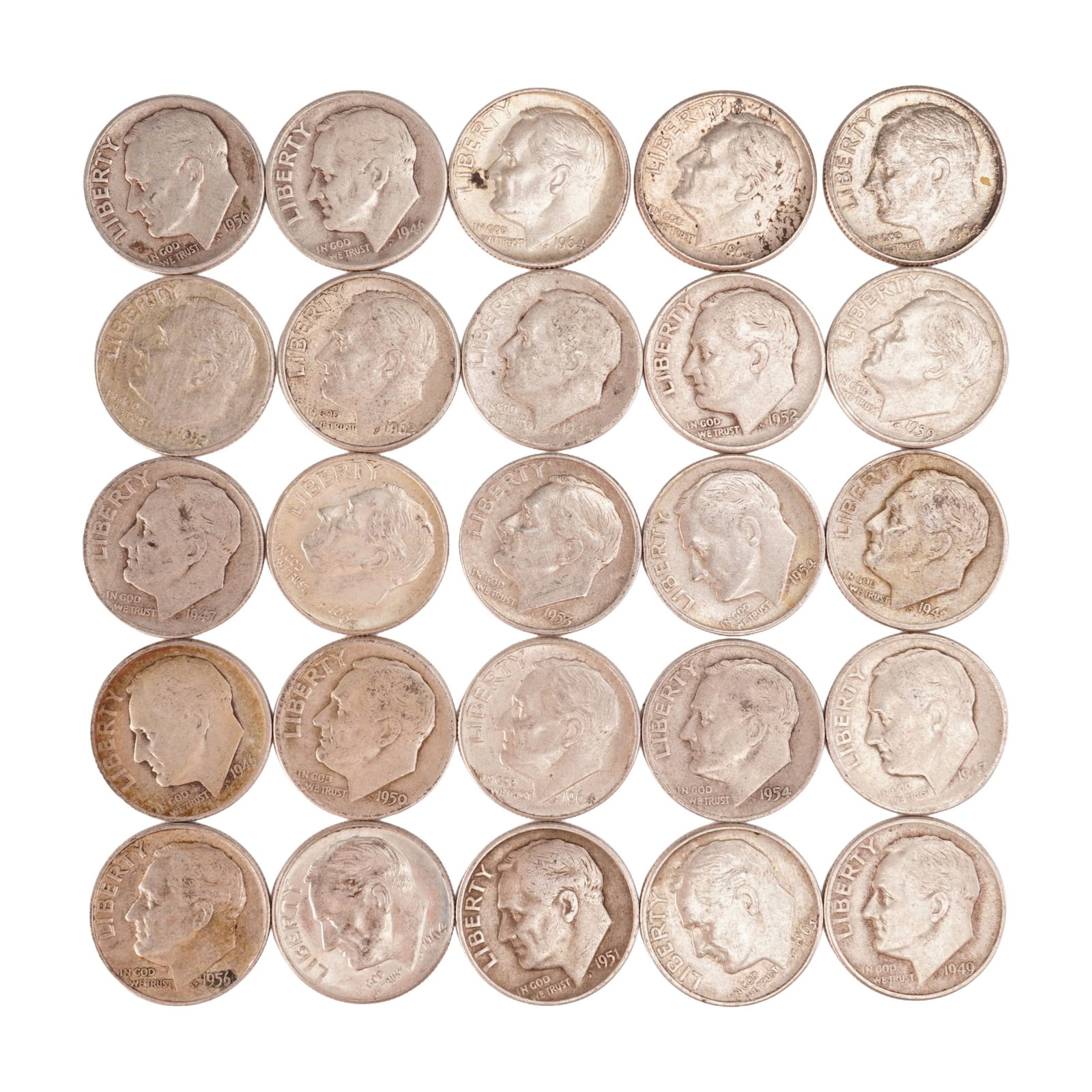 Lot of 25 Loose Roosevelt 90% Silver Dimes, Circulated: Obverse portrait in left profile of Franklin D. Roosevelt, the 32nd President of the United States from 1933 to his death in 1945, is accompanied with the motto: "IN GOD WE TRUST" and surrounded with 