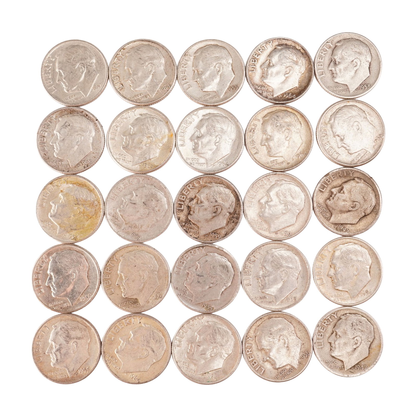 Lot of 25 Loose Roosevelt 90% Silver Dimes, Circulated: Obverse portrait in left profile of Franklin D. Roosevelt, the 32nd President of the United States from 1933 to his death in 1945, is accompanied with the motto: "IN GOD WE TRUST" and surrounded with 