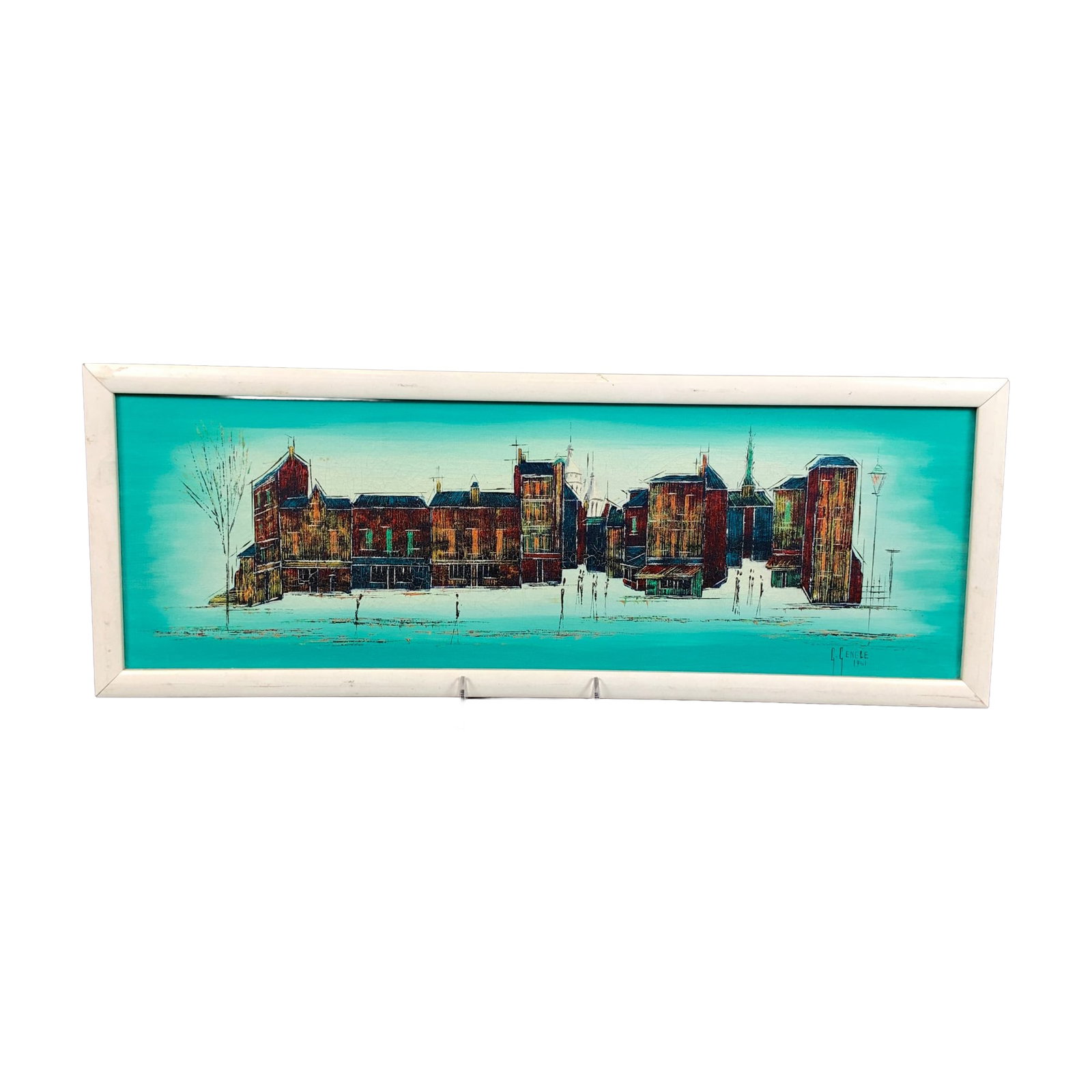 Georges Genele (French 1919-2005) Oil on Canvas, Venitian Lagoon, Signed: This 1961 oil on canvas by French painter Georges Genele is a rectangular waterscape composition depicting a vibrant row of Venetian dwellings on a lagoon. The artwork features a row of red and blue b