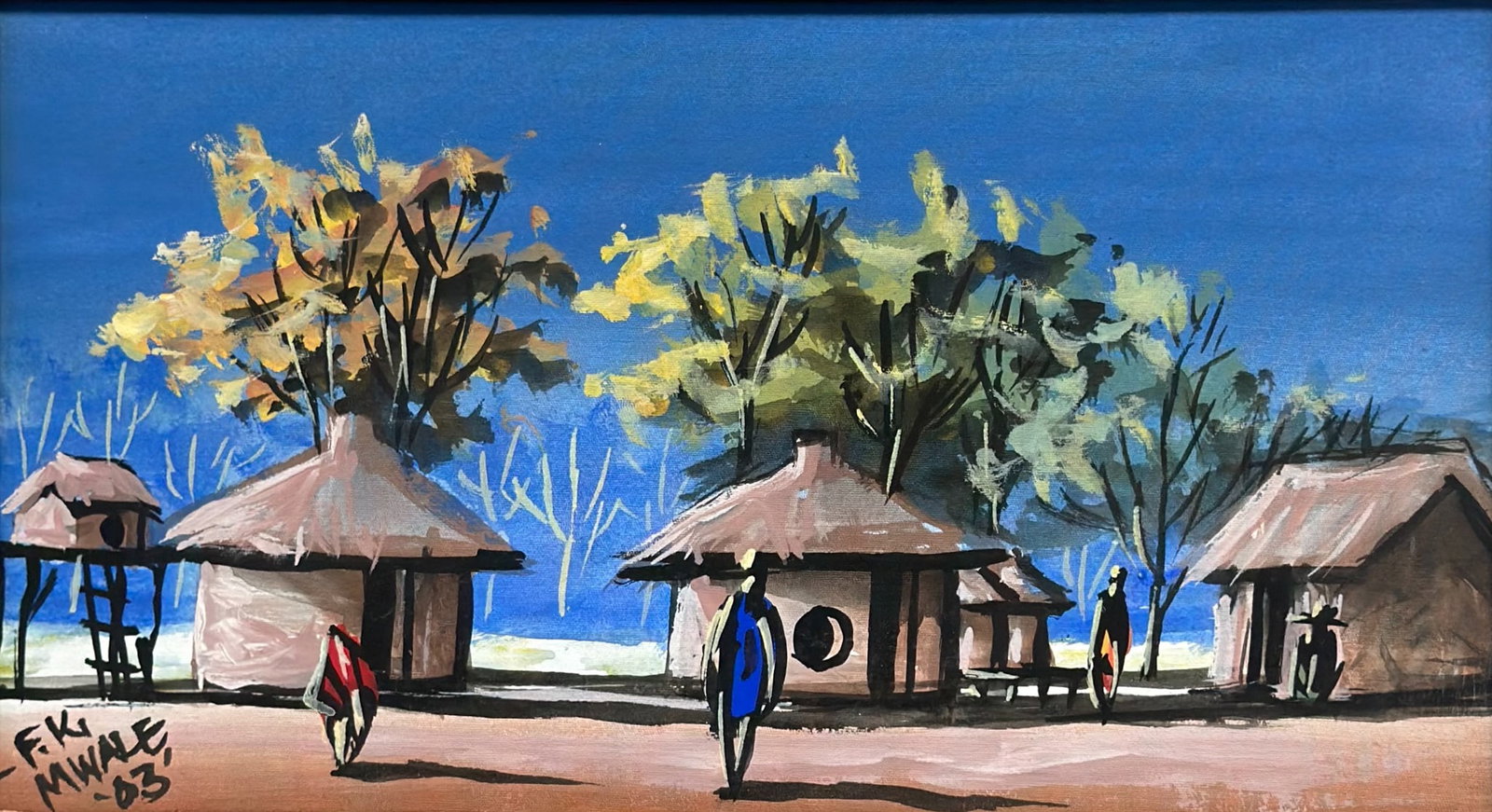 F.K. Mwale, African Village Scene, Gouache on Canvas, 1983: This original painting on canvas by F.K. Mwale depicts a village scene featuring traditional thatched-roof huts and stylized human figures. The composition includes several huts, one of which is eleva