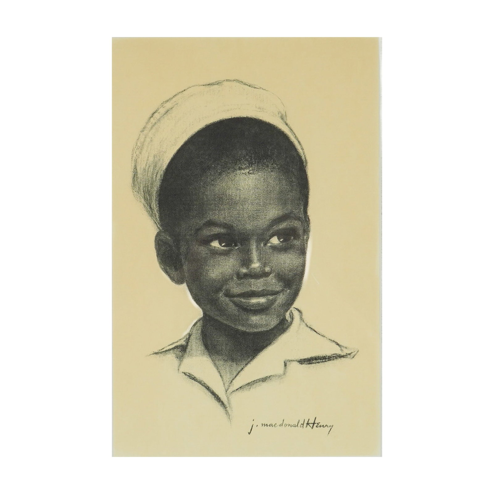 J. MacDonald Henry (Jamaican 1960-2008) Print on Paper, Portrait of Tups: This framed print on cream-tinted paper by Jamaican artist J. MacDonald Henry depicts a portrait of Tups, a young smiling Black boy wearing a hat and a collared shirt, rendered in a style mimicking ch