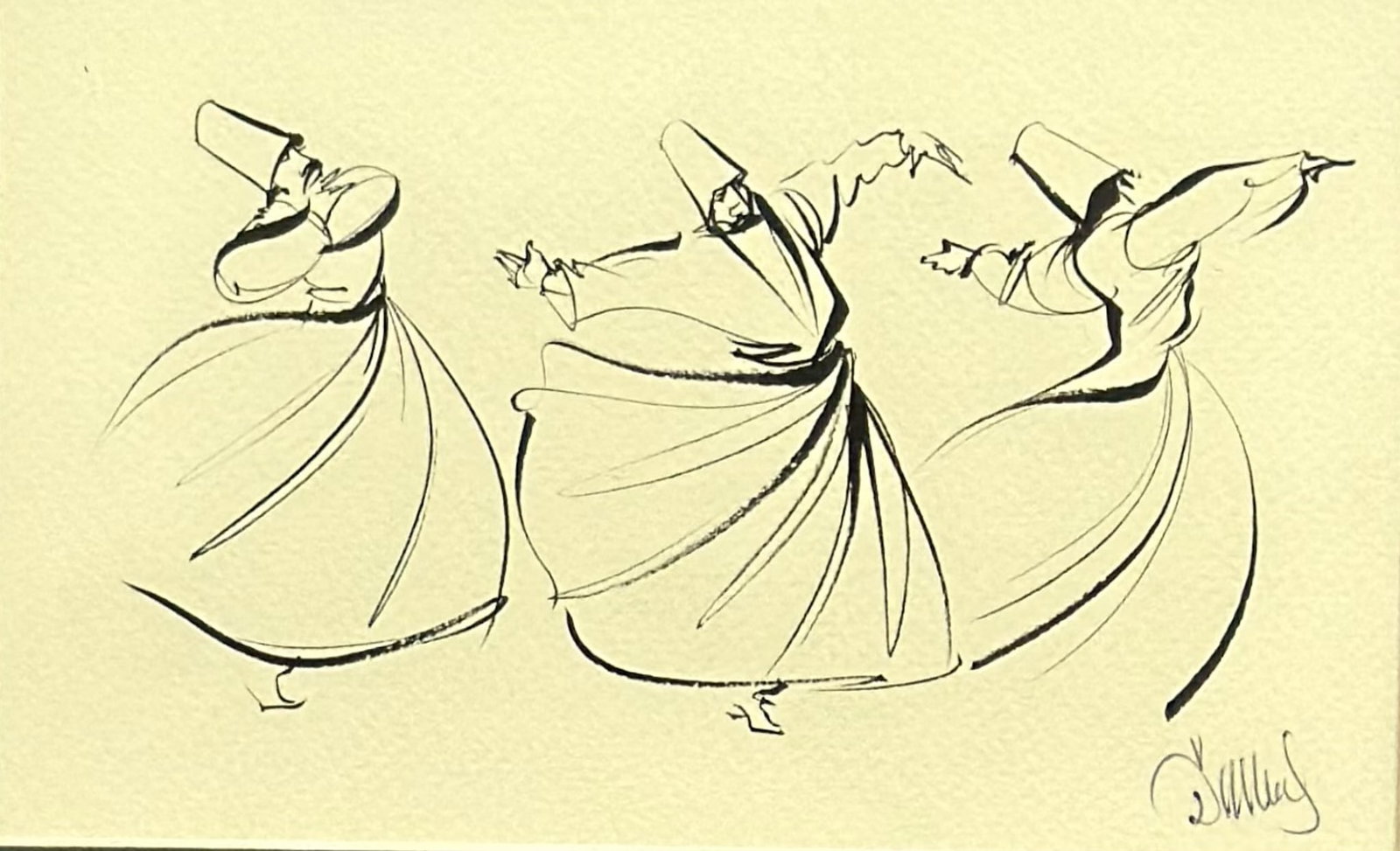 Three Whirling Dervishes, Ink on Paper: This minimalist ink on paper drawing depicts three whirling dervishes performing the Sema ritual. The composition is executed in a fluid, calligraphic style, using expressive line weights to emphasize