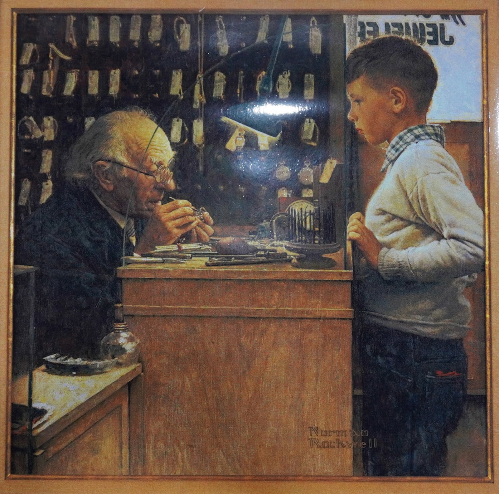 Norman Rockwell (American 1894-1978) Laminated Offset Lithograph, The Watchmaker: This offset laminated lithograph by Norman Rockwell (American, 1894-1978) is based on the 1945 illustration The Watchmaker, originally commissioned by the Watchmakers of Switzerland. The narrative sce
