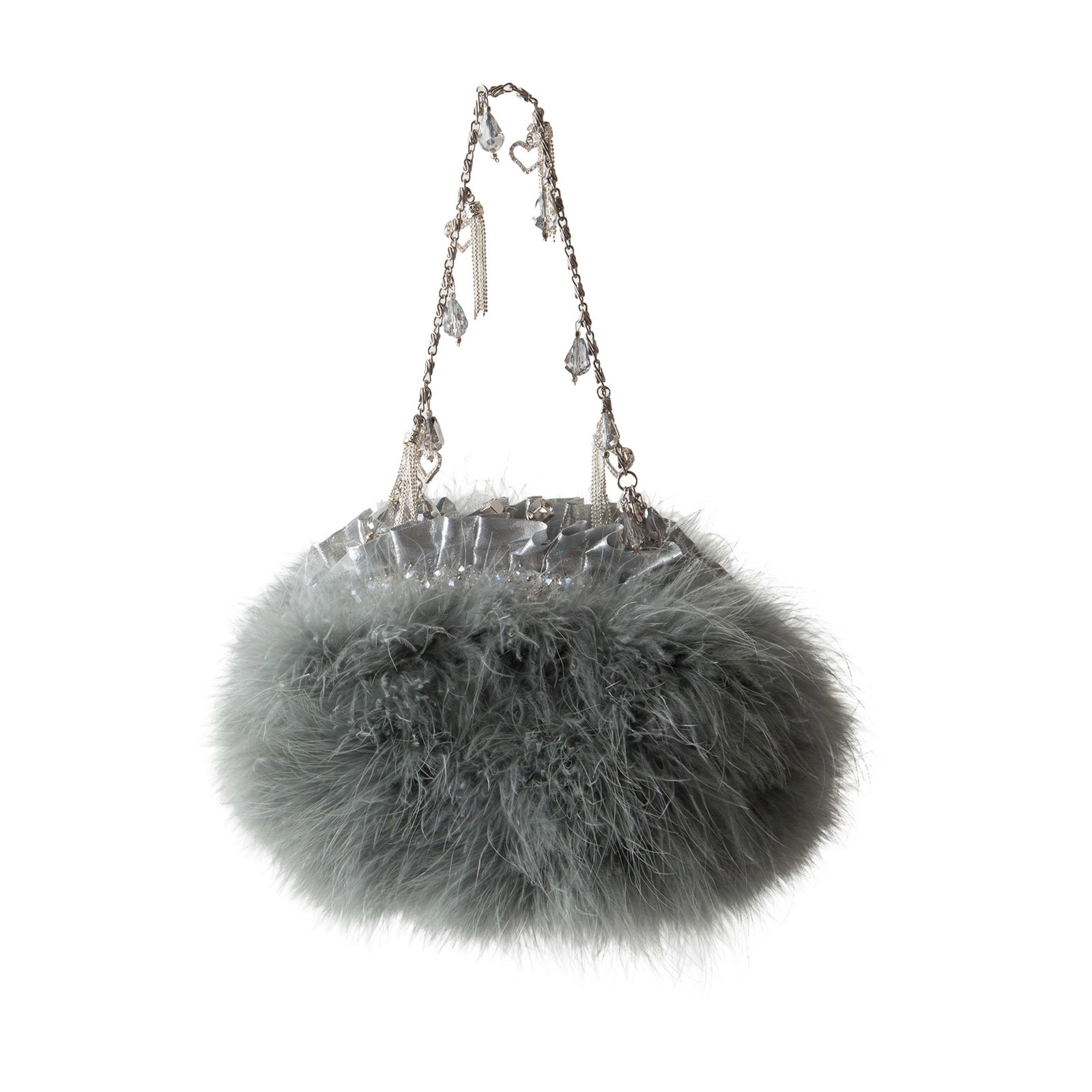 Irene Marie Angel Bag, Jenn Precious Petite Evening: One-of-a-kind, unique creation, a couture silver lame Precious evening bag with dove grey Marabou feathers. Lined in silver satin rayon with a silver-tone link chain with sterling silver hearts, tasse