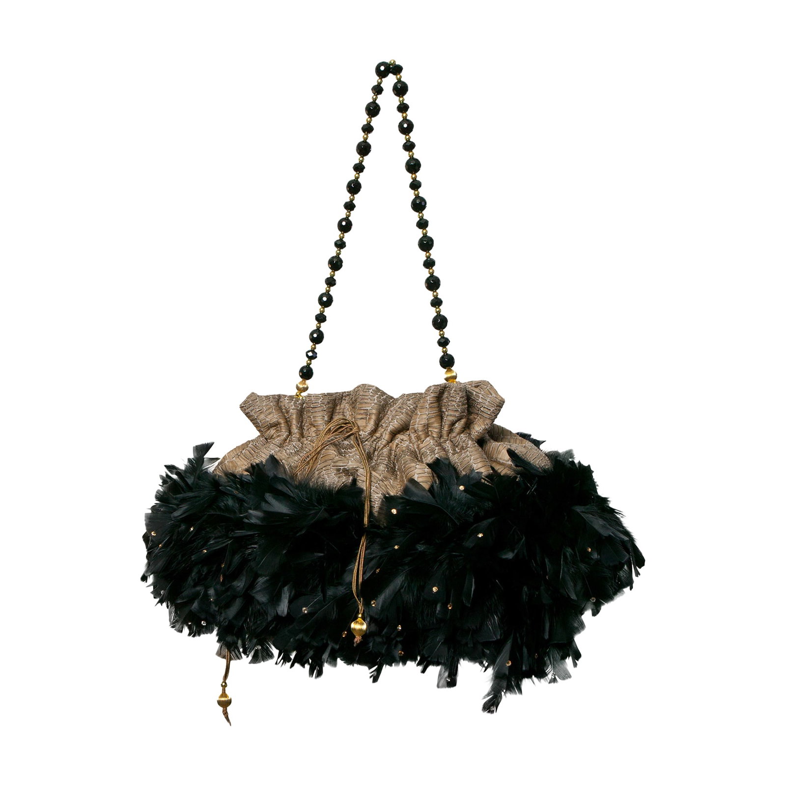 Irene Marie Angel Bag, Stephi Precious Grande: One-of-a-kind, unique creation, couture taupe brocade precious draw string handbag with black French cut chandelle with gold Swarovski tip feathers. Lining Black satin rayon. Handle Black 20mm onyx an