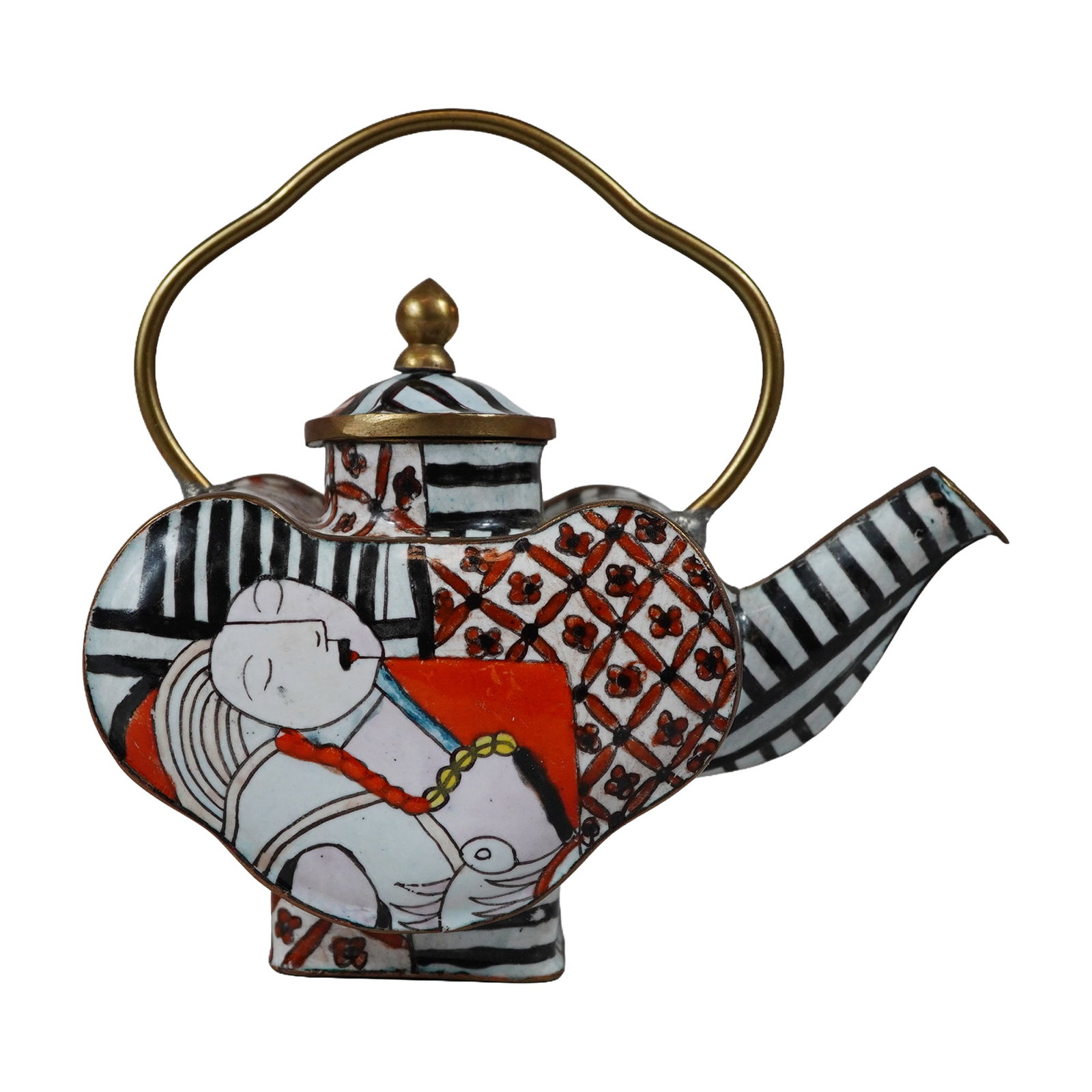 Empress Arts Miniature Cloisonne Enamel Heart Shaped Teapot After Pablo Picasso: A contemporary miniature decorative teapot produced by Empress Arts. The piece is crafted using the cloisonne technique, featuring hand-applied enamel within raised metal wire cells on a brass or copp