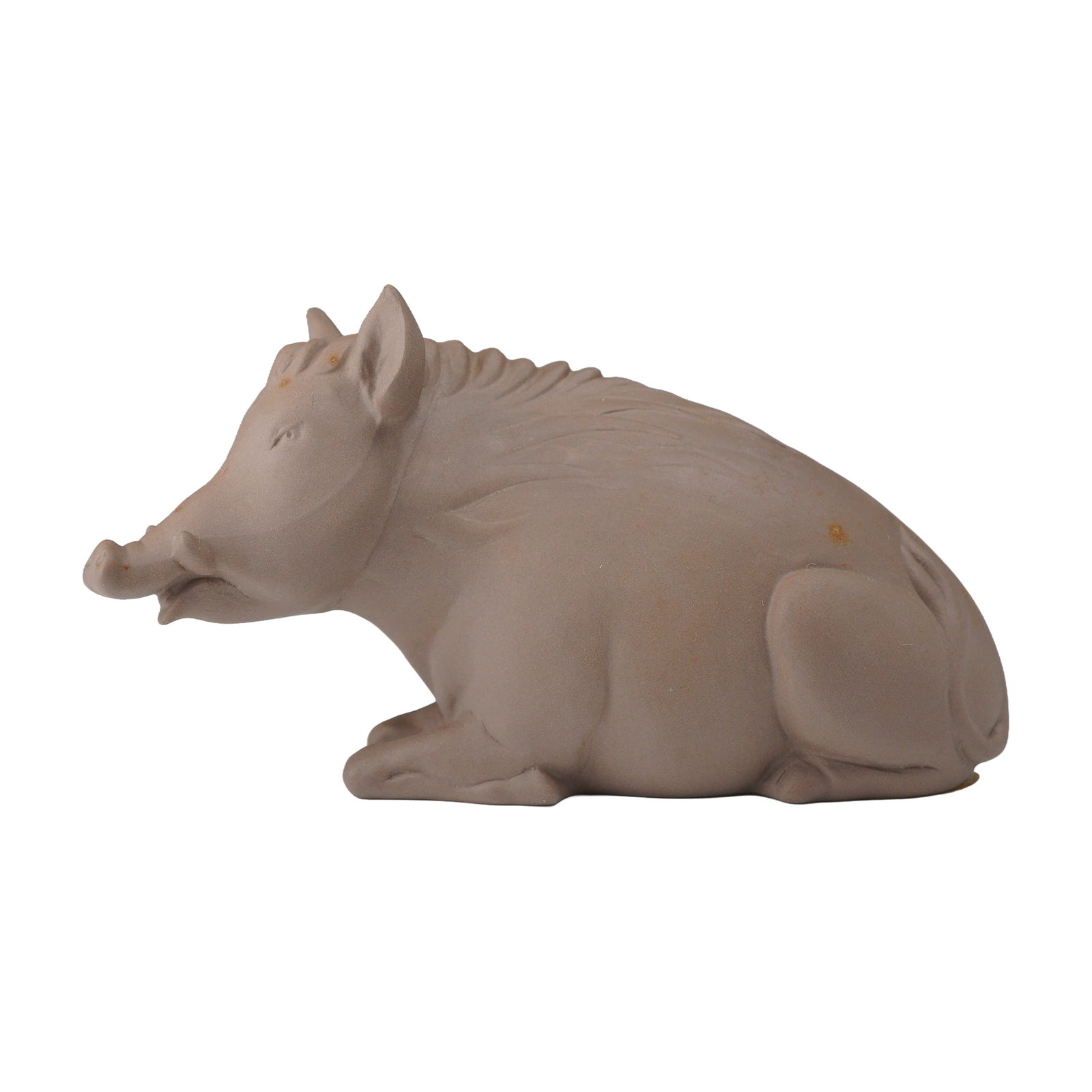 Wedgwood Matte Stoneware Figurine, Wild Boar: A naturalistically modeled figurine of a reclining wild boar manufactured by Wedgwood. The piece is crafted from a matte, taupe-colored stoneware body, often categorized as brown jasperware or drabwar