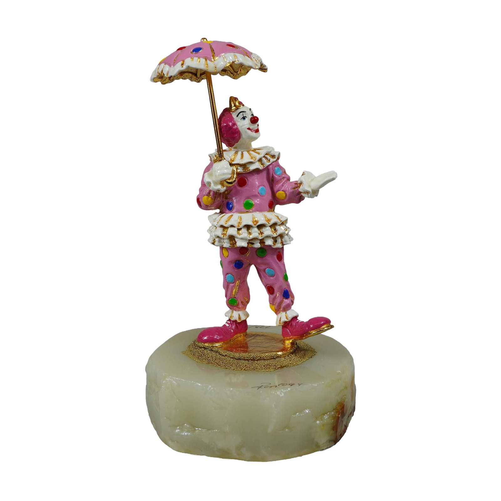 Ron Lee 1997 Signed Skittles Clown Sculpture: Ron Lee (American, 1947-2017). Limited edition 1997 sculpture titled Skittles, executed in hand-painted and gold-toned metal. The figure is modeled as a standing clown in a pink polka-dot jumpsuit wit