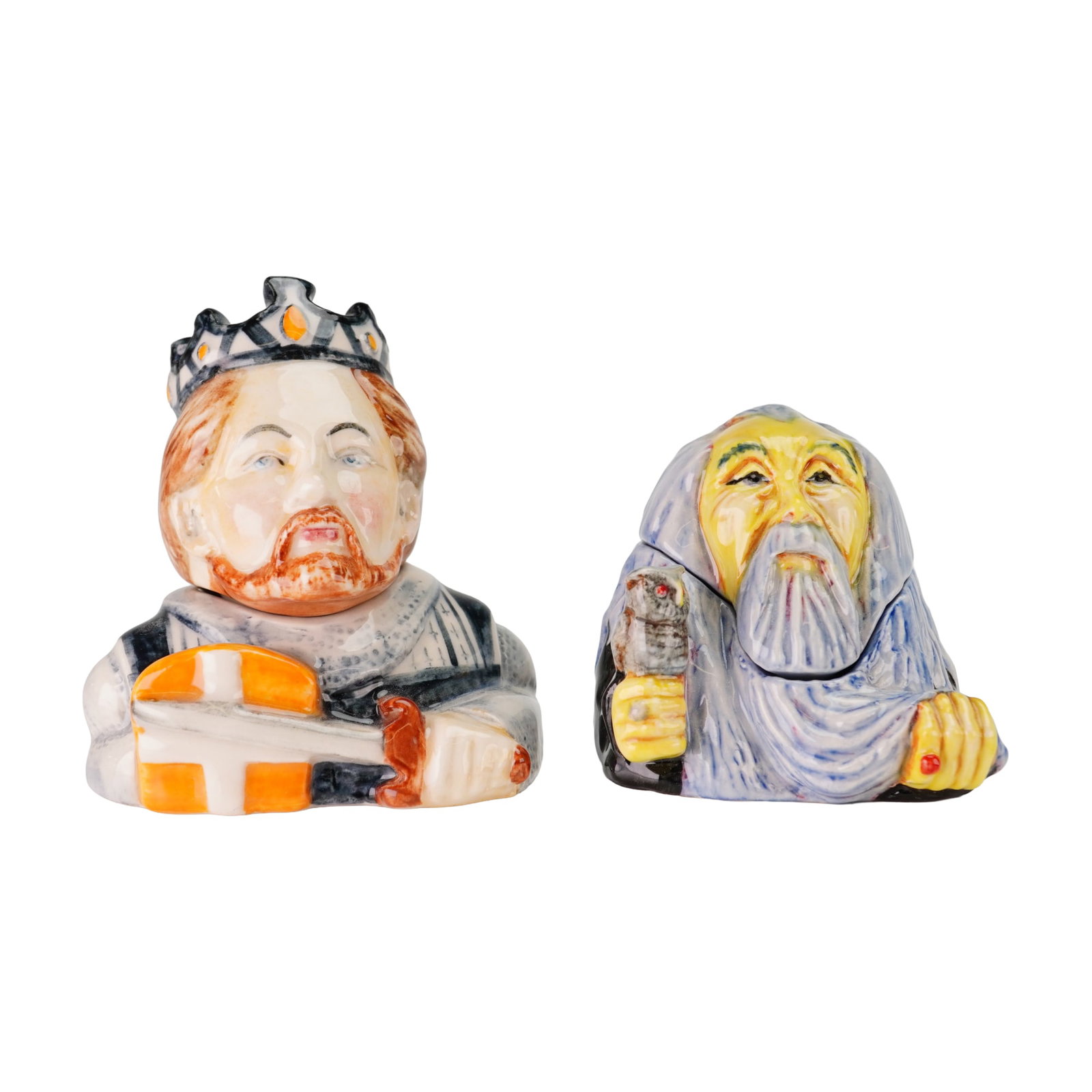 2pc Kevin Francis Prototype Face Pots, Merlin and King Richard the Lionheart: A pair of glazed ceramic Face Pots by Kevin Francis, featuring the characters Merlin and King Richard the Lionheart. Each figure is a two-piece lidded pot. King Richard is depicted with a crown, reddi