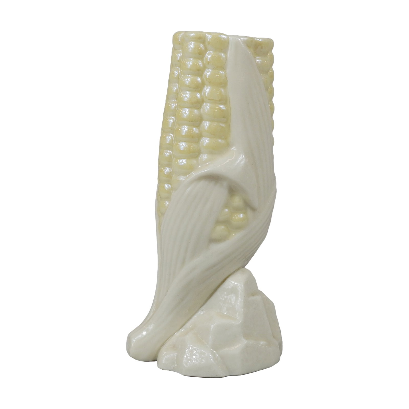 Belleek Parian China Indian Corn Vase: A Belleek Parian porcelain vase naturalistically modeled in the form of a standing ear of corn with husks partially peeled back, often referred to as the Indian Corn or Ear of Corn pattern. The piece 