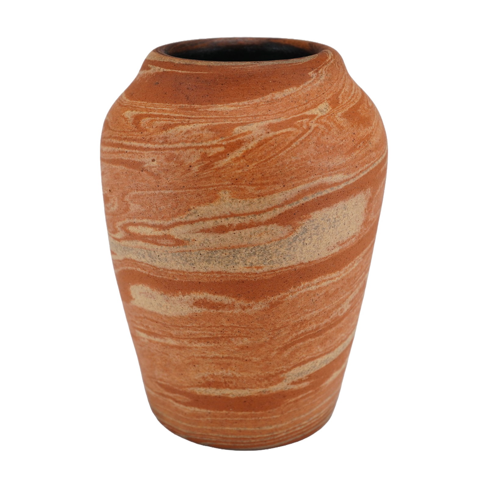 Nonconnah Bisque Marbleized Clay Cabinet Vase: Terracotta-orange and buff-tan clay bodies create swirling organic patterns. The vessel features a tapered ovoid form with a rounded shoulder and a simple, narrow rim. The exterior surface is unglazed