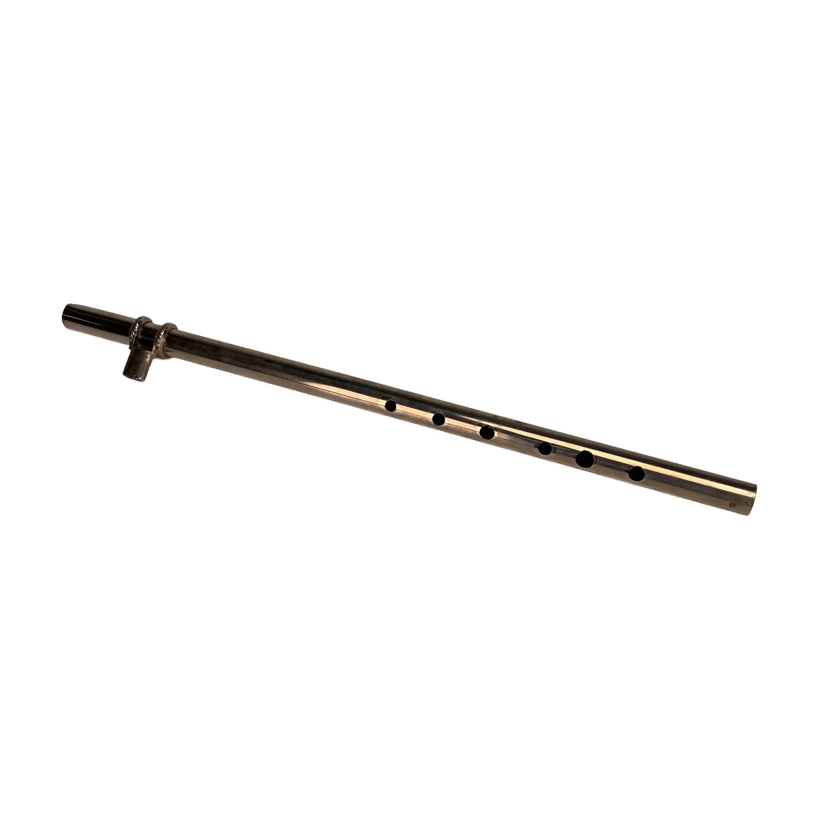 E355 Metal Six-Hole Whistle Recorder: The instrument features a cylindrical body with six tone holes. The mouthpiece assembly is joined to the body and is accented by two decorative bands with a rope-twist pattern. The flat surface of the