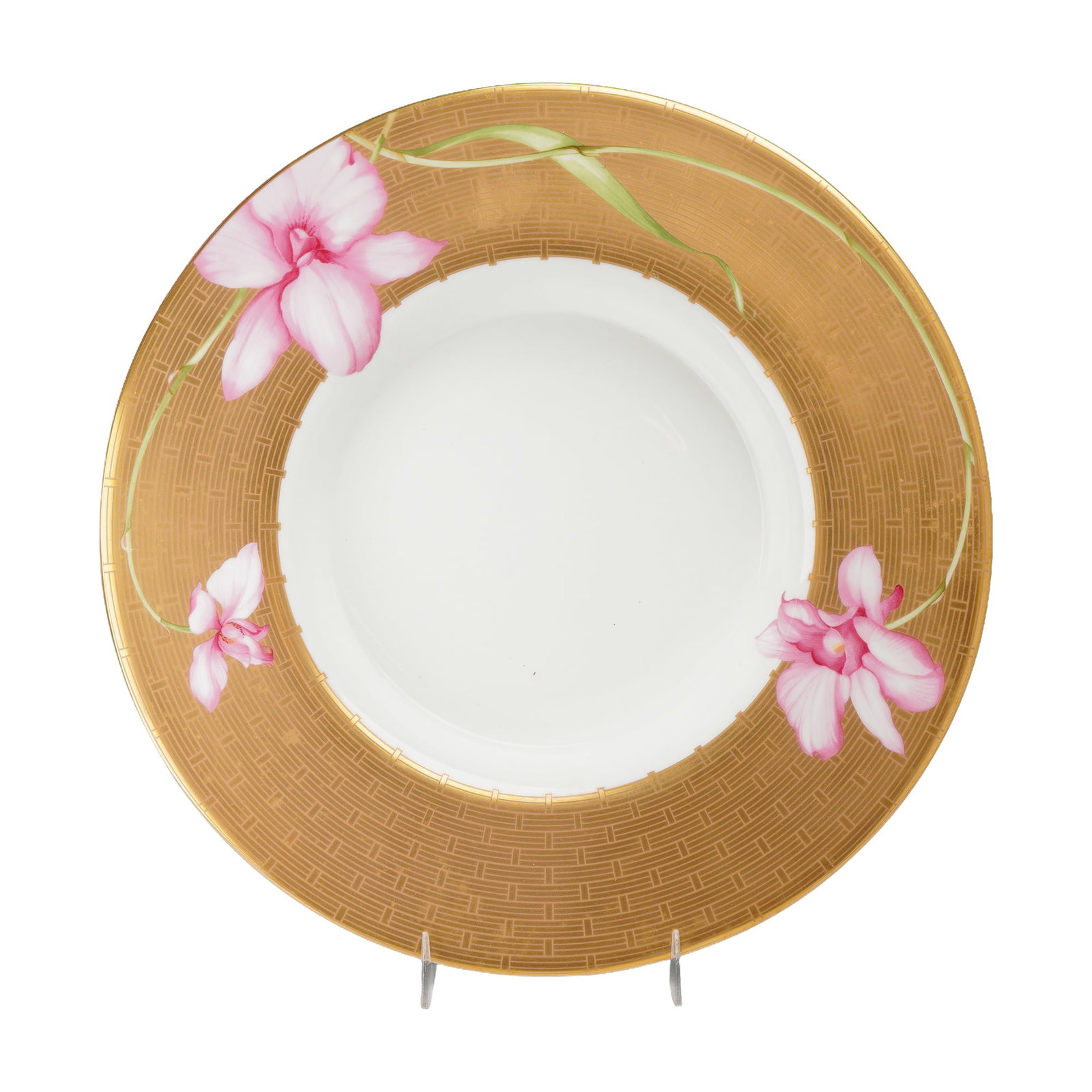 Wedgwood & Bentley Porcelain Rimmed Serving Bowl, Orchid Pattern: The wide flat rim features a textured gold ground in a fine basketweave pattern, overlaid with hand-painted botanical motifs of large pink orchids and winding green stems that encircle the rim. The de