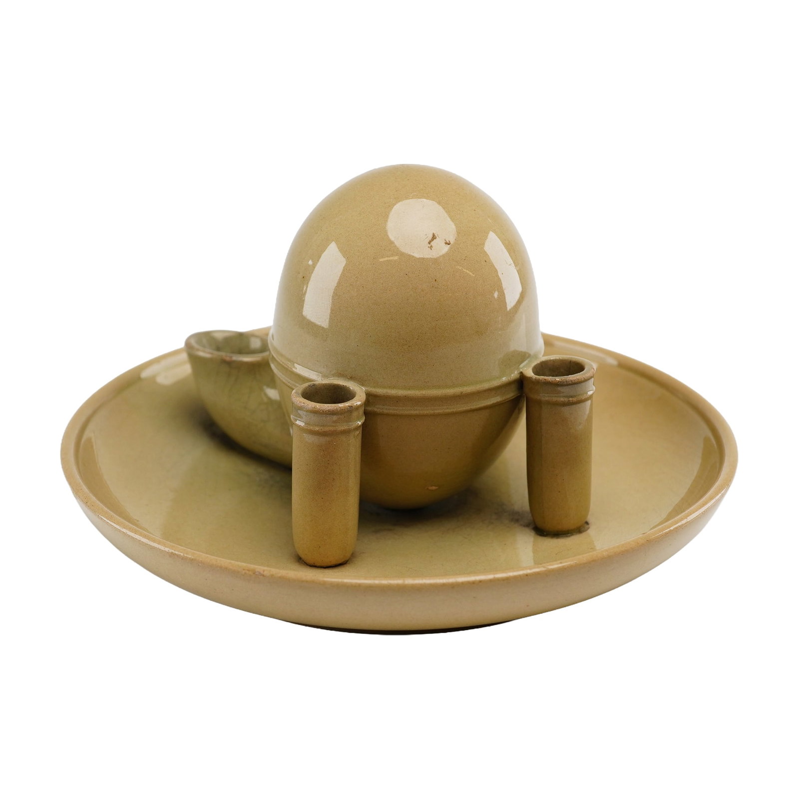 Wedgwood Caneware Ceramic Inkstand: A Wedgwood caneware ceramic inkstand or desk set. The piece is constructed from buff-colored stoneware with a light, satiny glaze. The form consists of a circular tray base that supports a central, eg