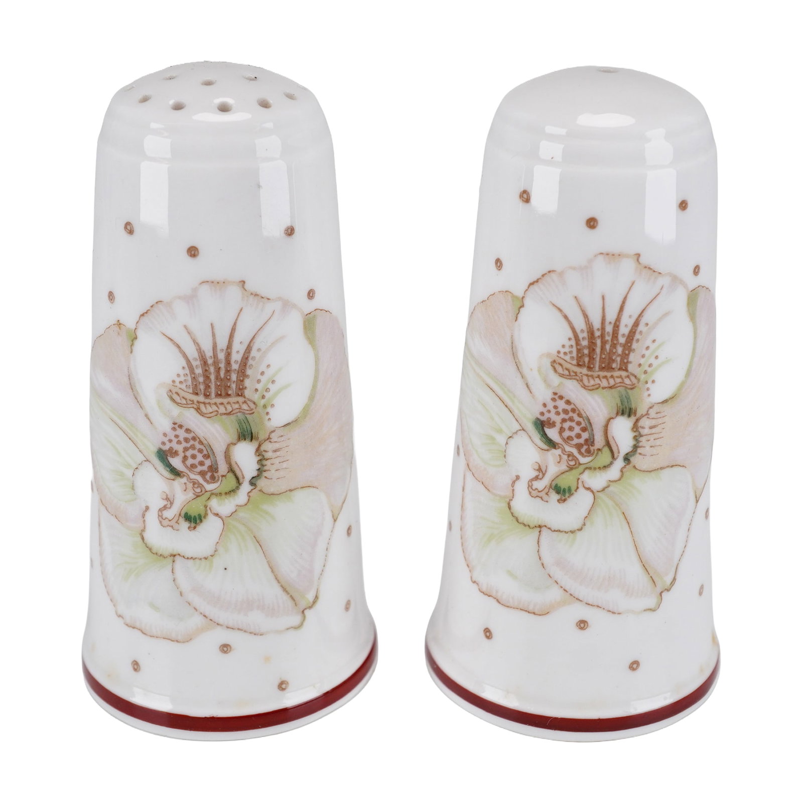Pair of Susie Cooper Fine Bone China Salt and Pepper Shakers: A pair of fine bone china salt and pepper shakers designed by Susie Cooper. Each shaker features a tapered cylindrical body with a domed top. One shaker is perforated with multiple holes for salt, whi