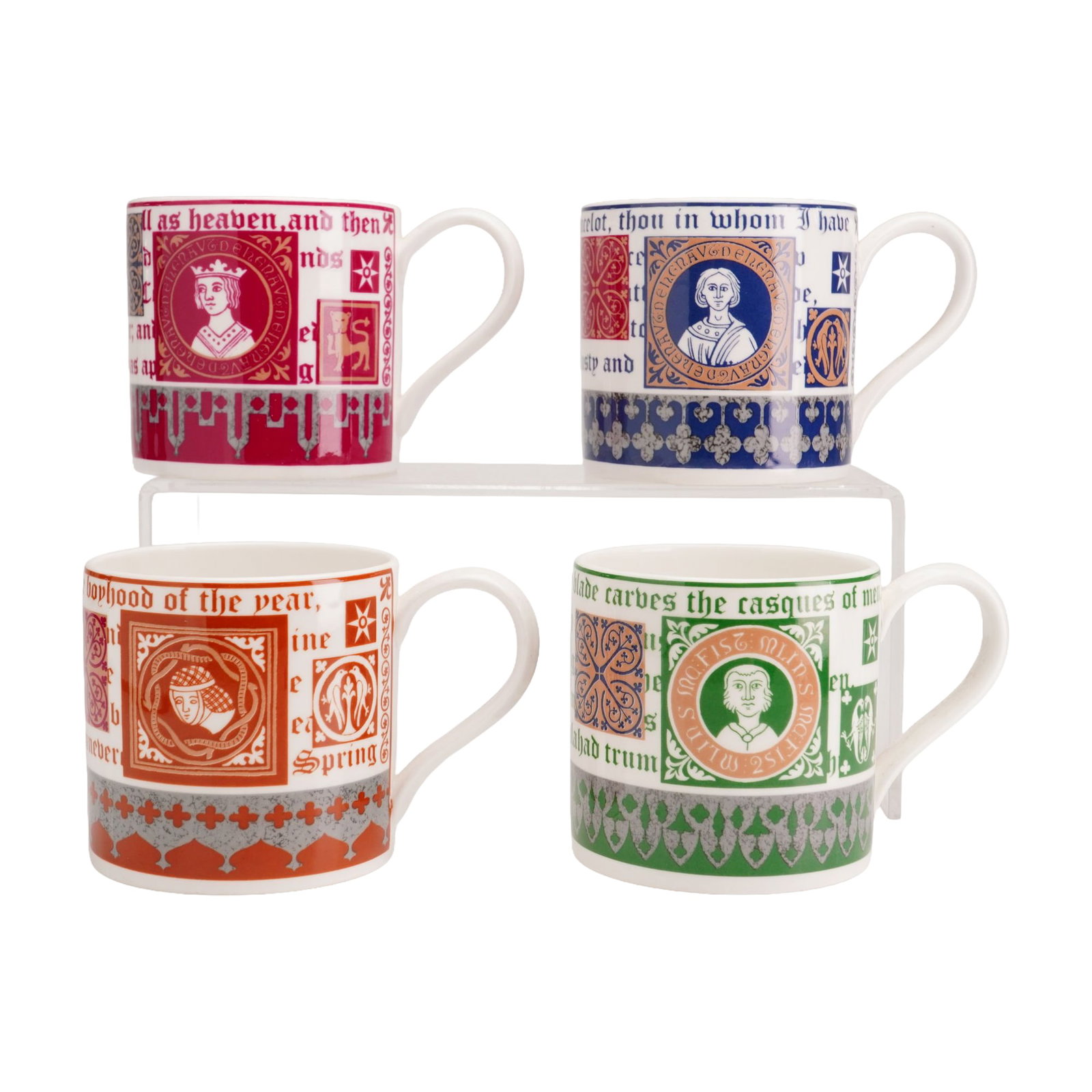 4pc Wedgwood Arthurian Legend Bone China Mugs: A set of bone china mugs produced by Wedgwood as part of the Rubin Collection, featuring themes and characters from Arthurian legend. Each mug is decorated with transfer-printed Neo-Gothic designs and