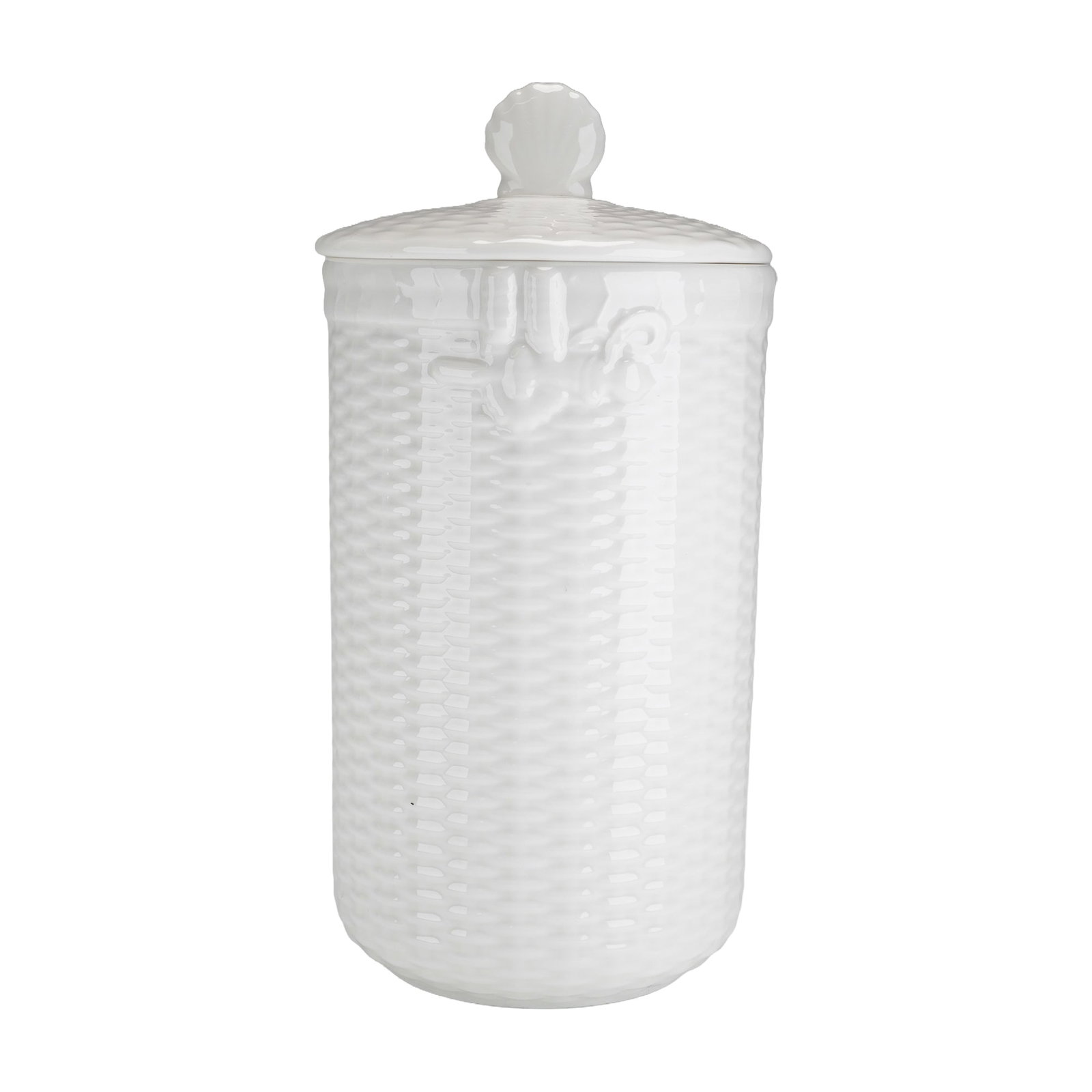 Wedgwood Nantucket Fine Bone China Basketweave Canister and Lid: A tall, cylindrical canister and matching lid from the Nantucket collection by Wedgwood. The item is crafted from white fine bone china and features an all-over relief-molded basketweave pattern, a de