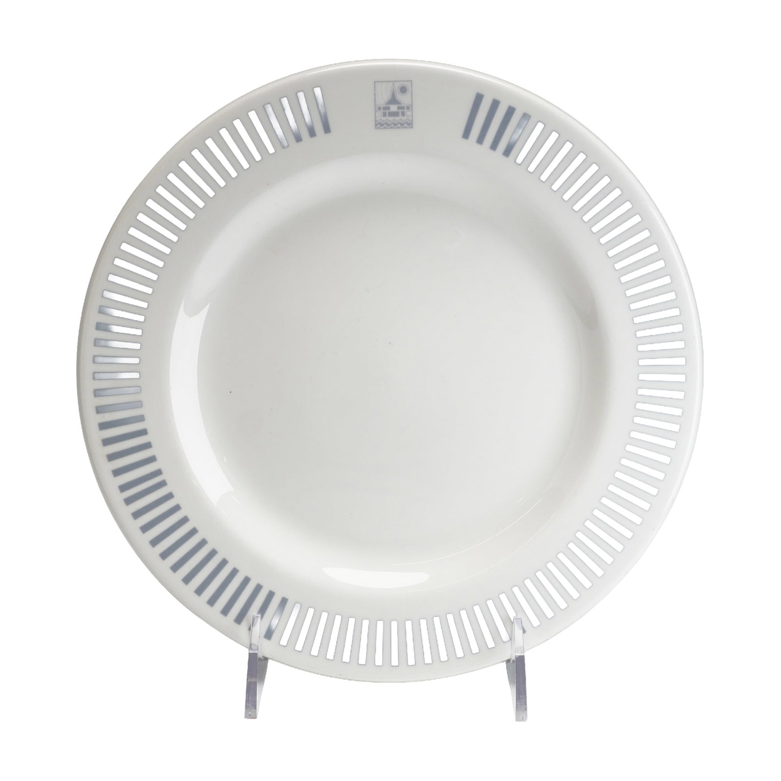 Wedgwood Bone China Hotelware Plate for The Village, St. James, Barbados: A circular white bone china plate produced by Wedgwood as part of a custom hotelware commission. The design features a transfer-printed decoration on the rim consisting of a repeating pattern of gray 