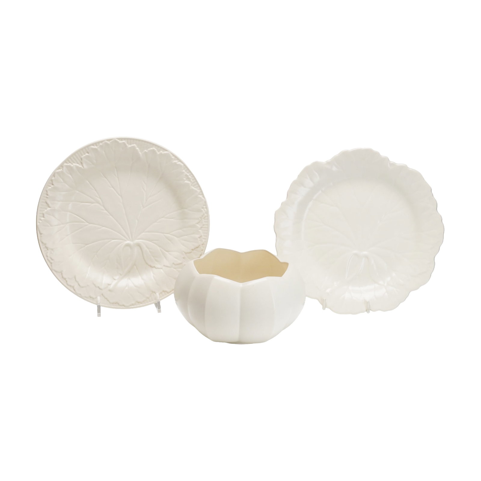 Three Wedgwood Relief Molded White Cabbage Leaf Plates and Lotus Bowl (1 of 4)