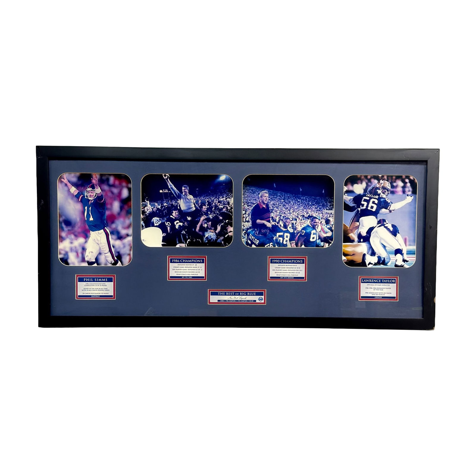 Steiner Sports New York Giants The Best of Big Blue Framed Commemorative Collage Featuring Phil: This is a Steiner Sports framed commemorative collage titled The Best of Big Blue, celebrating the championship history of the New York Giants. The display features four color photographs and five des