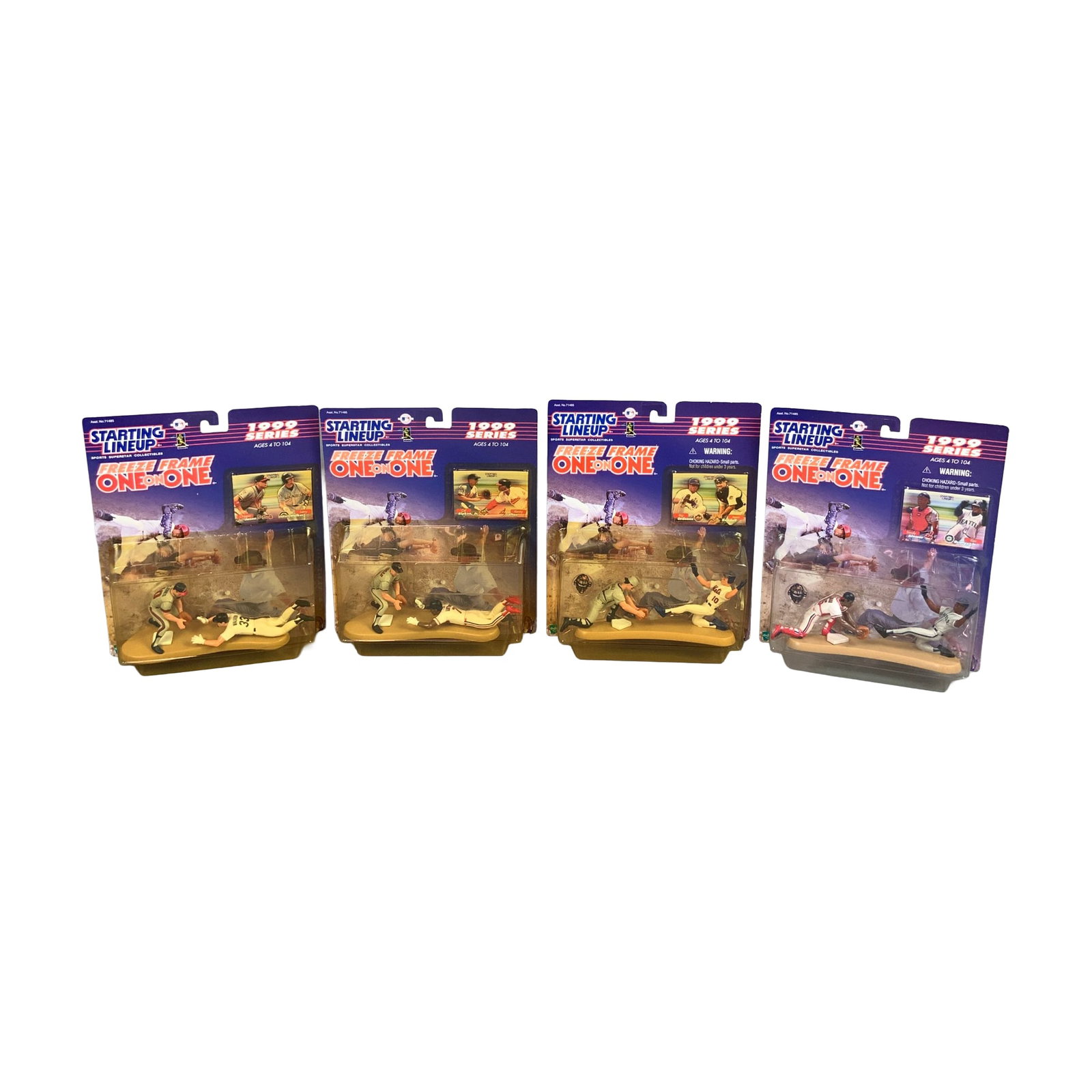 Lot of Four 1999 Starting Lineup Series Freeze Frame One-on-One MLB Action Figure: A lot of four unopened Major League Baseball action figure dioramas from the Starting Lineup 1999 Series, specifically the Freeze Frame One-on-One collection manufactured by Hasbro. Each diorama inclu