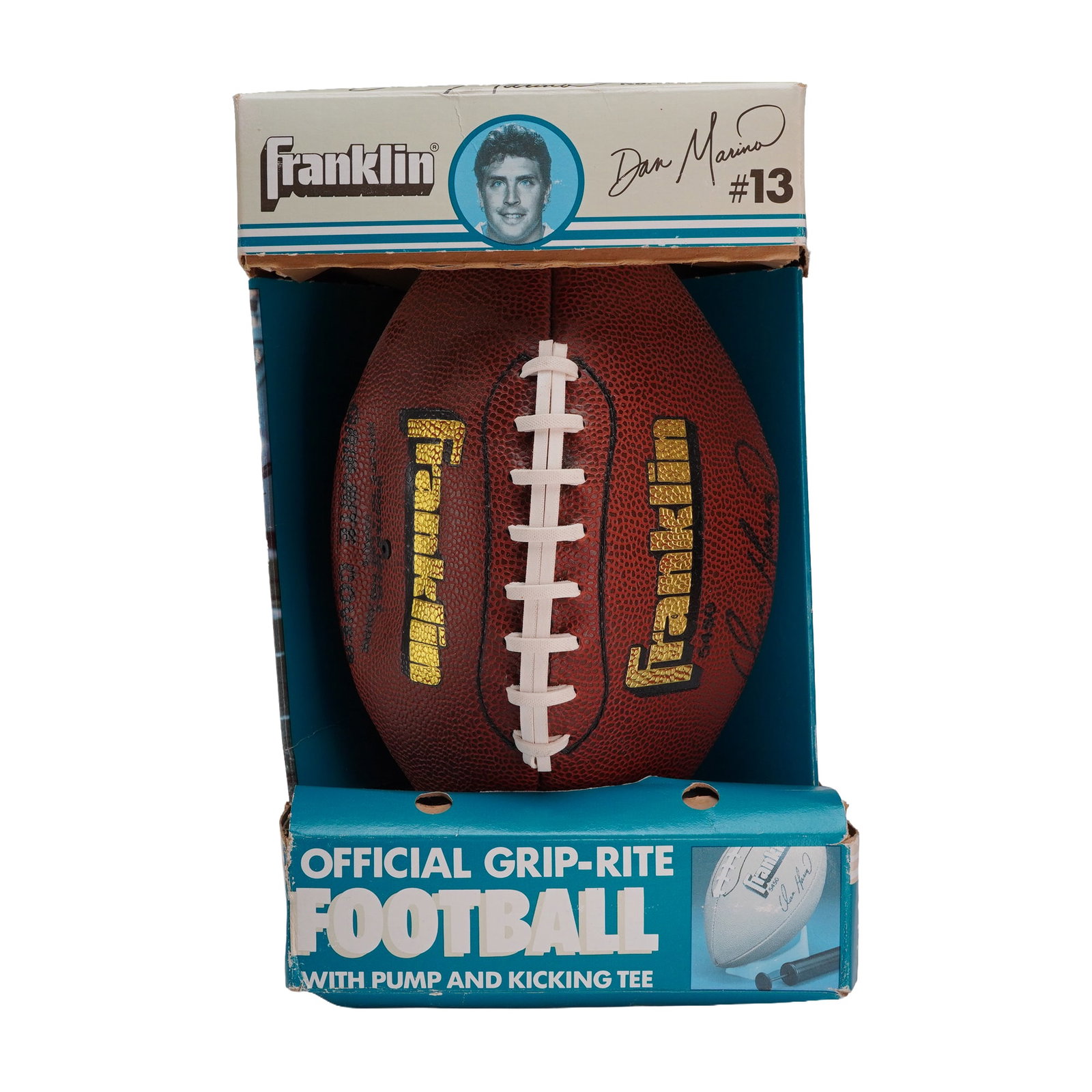 Franklin Dan Marino Official Grip-Rite Football Pump & Kicking Tee Set: A vintage Franklin Sports Industries Dan Marino football set, model number DC 83. The set includes an Official Grip-Rite football constructed from brown pebbled-grain synthetic material with white lac