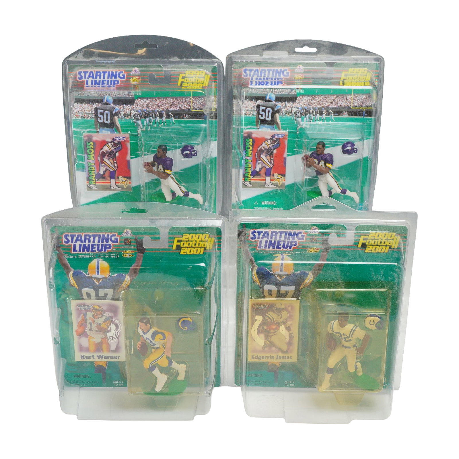 4pc NFL Starting Lineup Football Figurines in Boxes including Randy Moss, Kurt Warner, and Edgerrin (1 of 3)